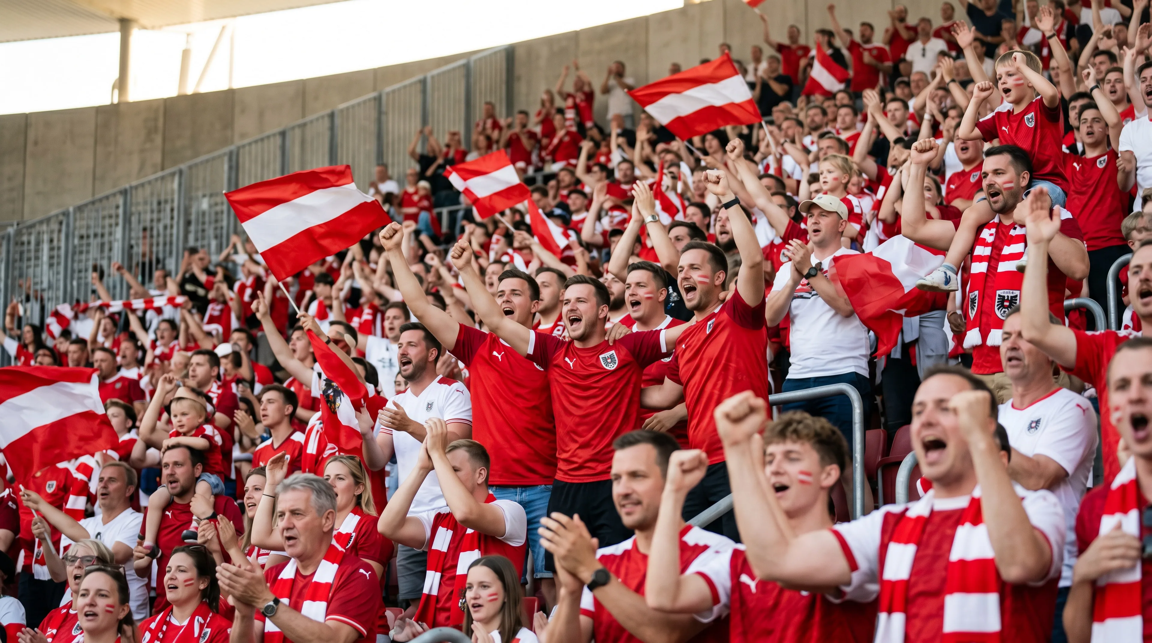 Austrian football fans mid-celebration at a goal moment