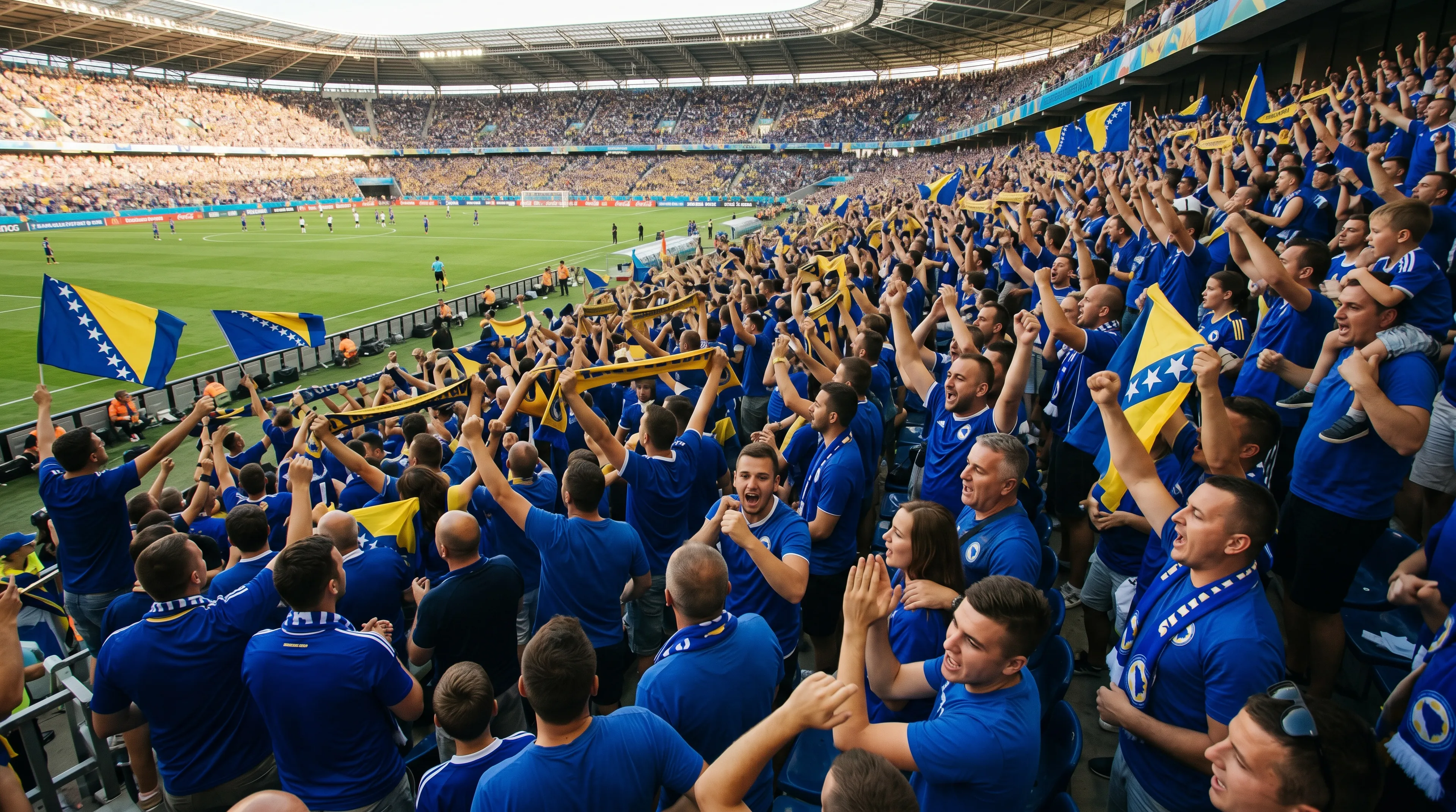 Sea of Bosnia and Herzegovina football fans celebrating ecstatically in a packed World Cup stadium, waving the national blue-and-yellow flag and yellow scarves with the pitch visible beyond.