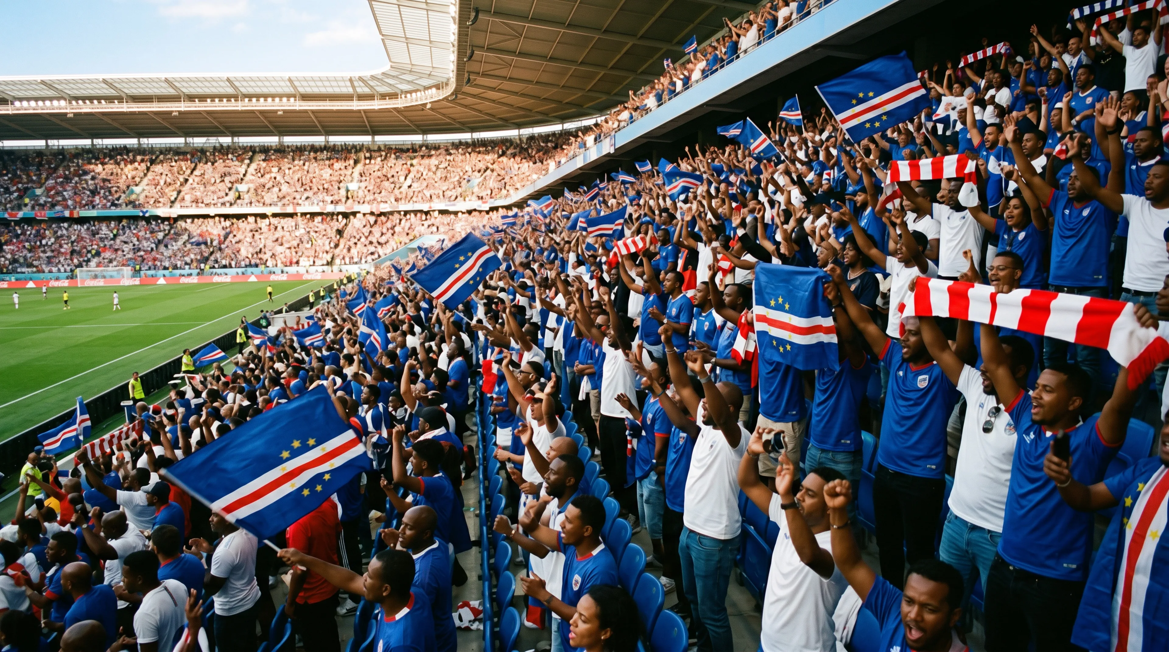 Packed stadium of Cabo Verde football fans celebrating in blue jerseys with the national flag, scarves and raised fists during a World Cup match.