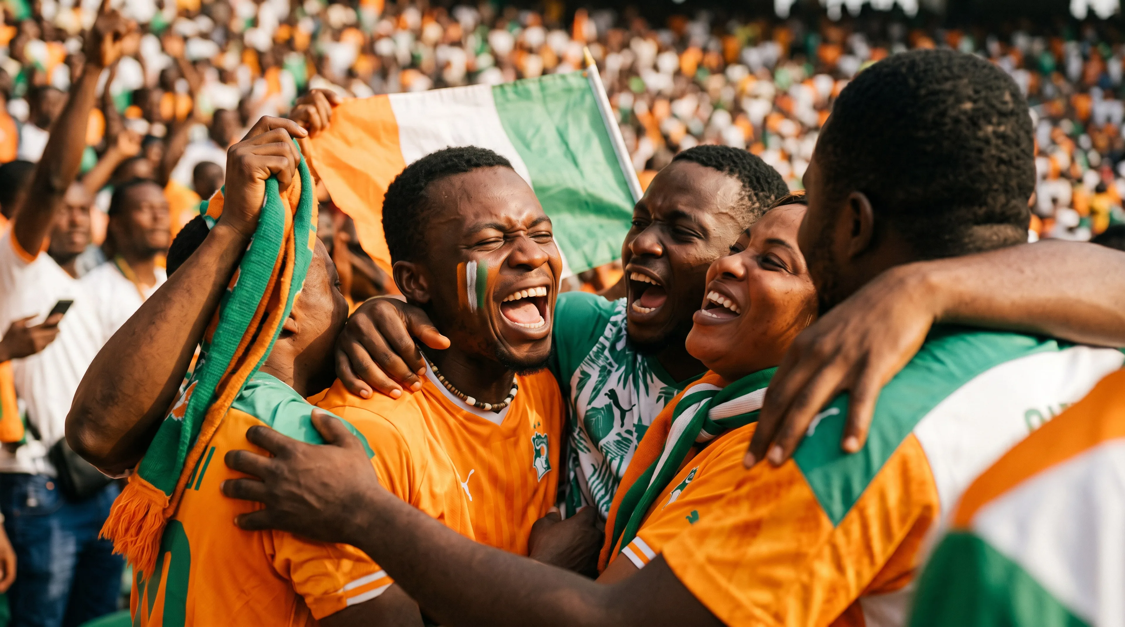 Group of Côte d'Ivoire football fans embracing in joy with orange jerseys and the national flag, celebrating a goal at a packed World Cup stadium.