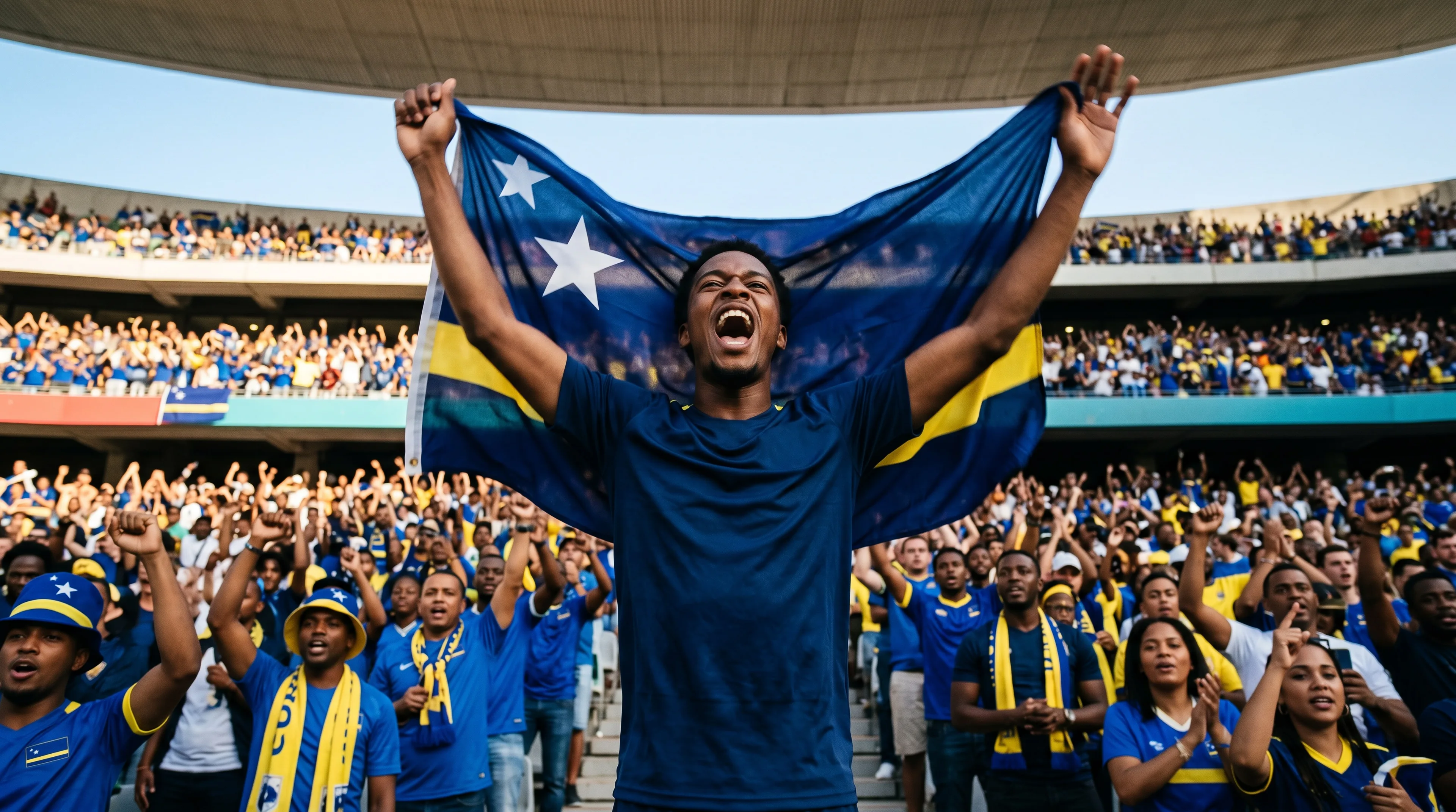 Curaçao football fan holding the national flag overhead with arms raised, surrounded by a packed stadium of blue-and-yellow supporters celebrating a World Cup goal.