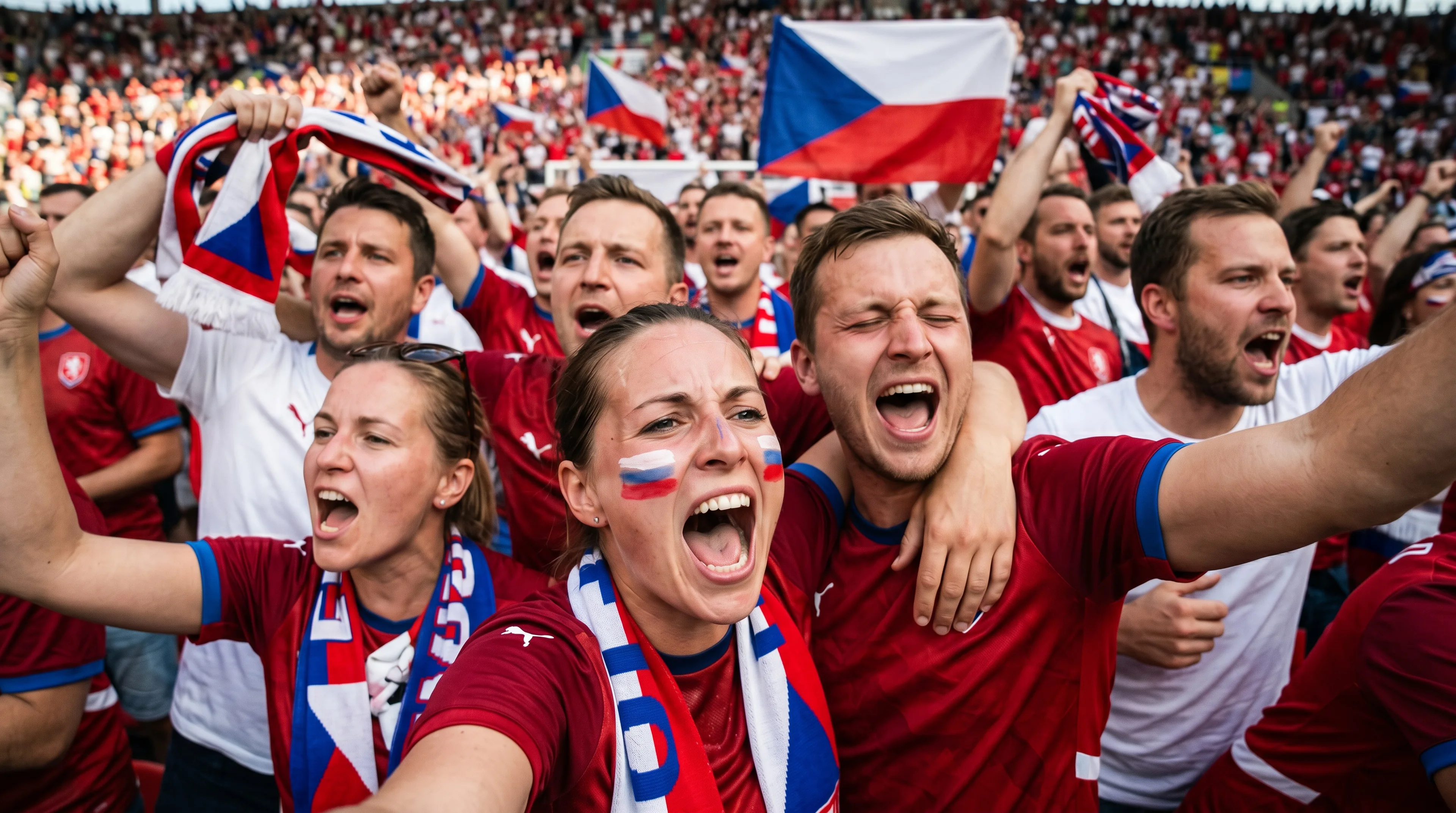 Group of Czechia football fans in red jerseys screaming and celebrating a goal with the national flag, scarves and painted faces at a packed World Cup match.