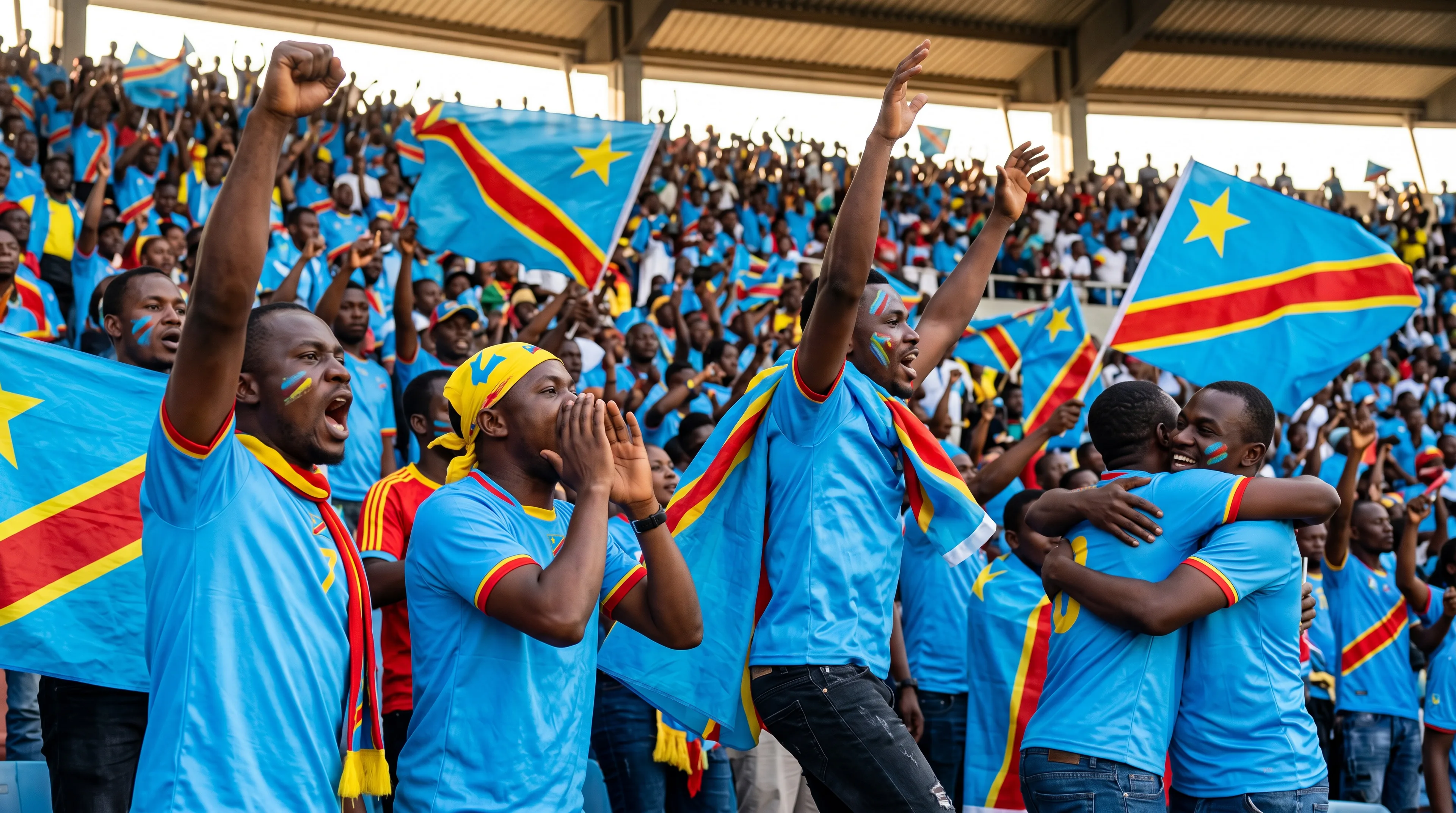DR Congo football fans in sky-blue jerseys cheering and waving the national flag with yellow star and red stripe at a packed World Cup stadium.
