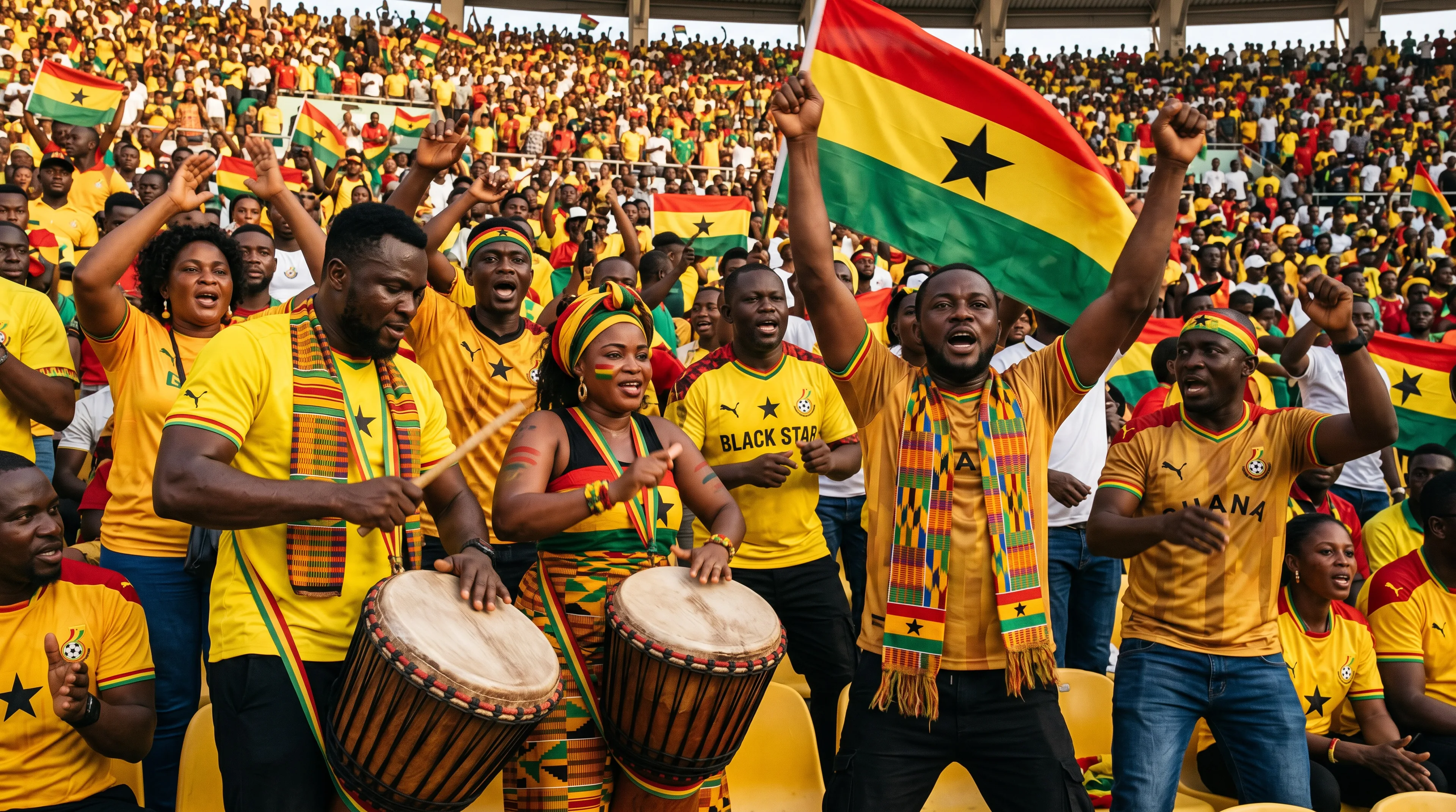 Ghana football fans drumming and celebrating in yellow jerseys with the Black Star flag and kente-cloth scarves at a packed World Cup stadium.