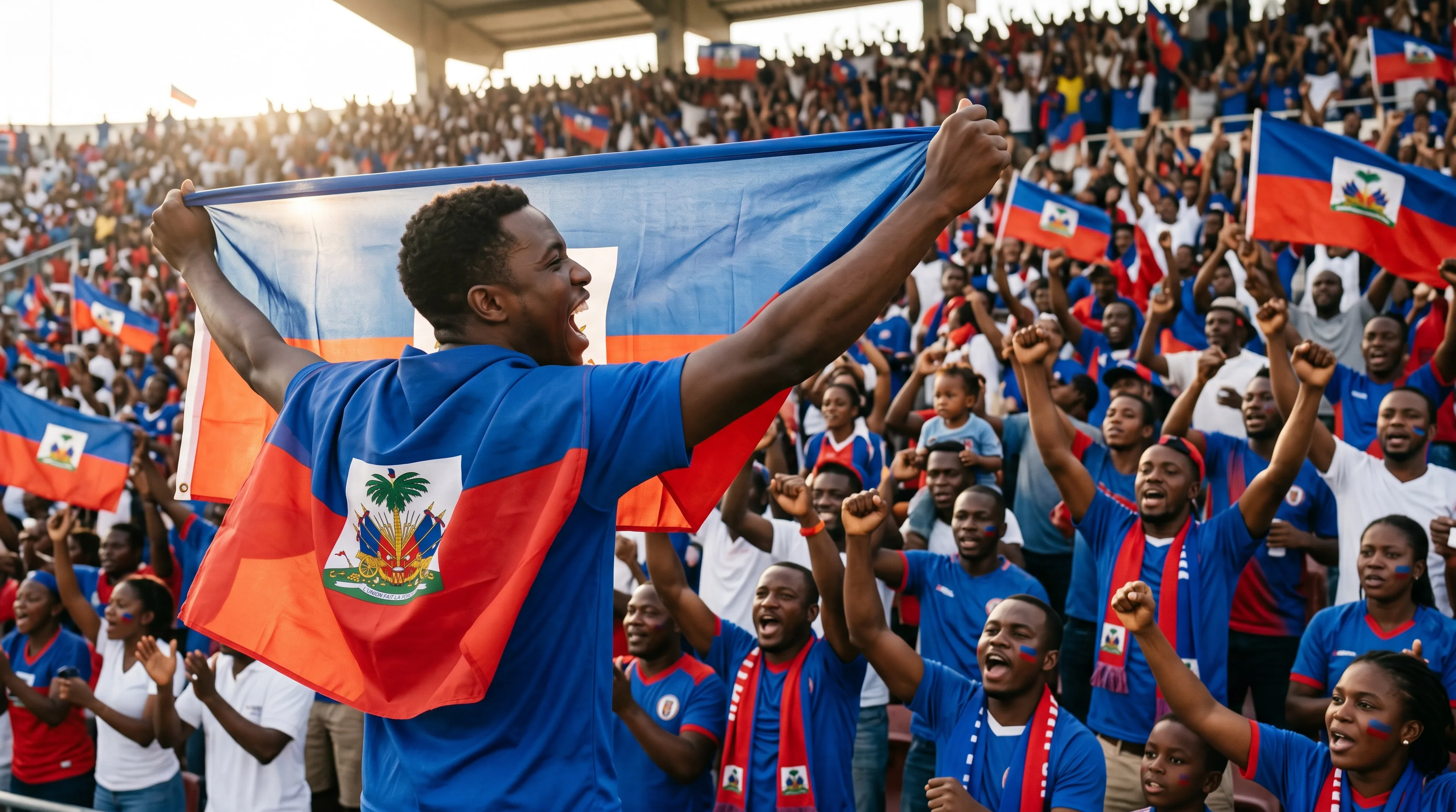 Haitian football fan holding the national flag with palm-tree coat of arms outstretched while celebrating among a packed stadium of supporters in blue and red.