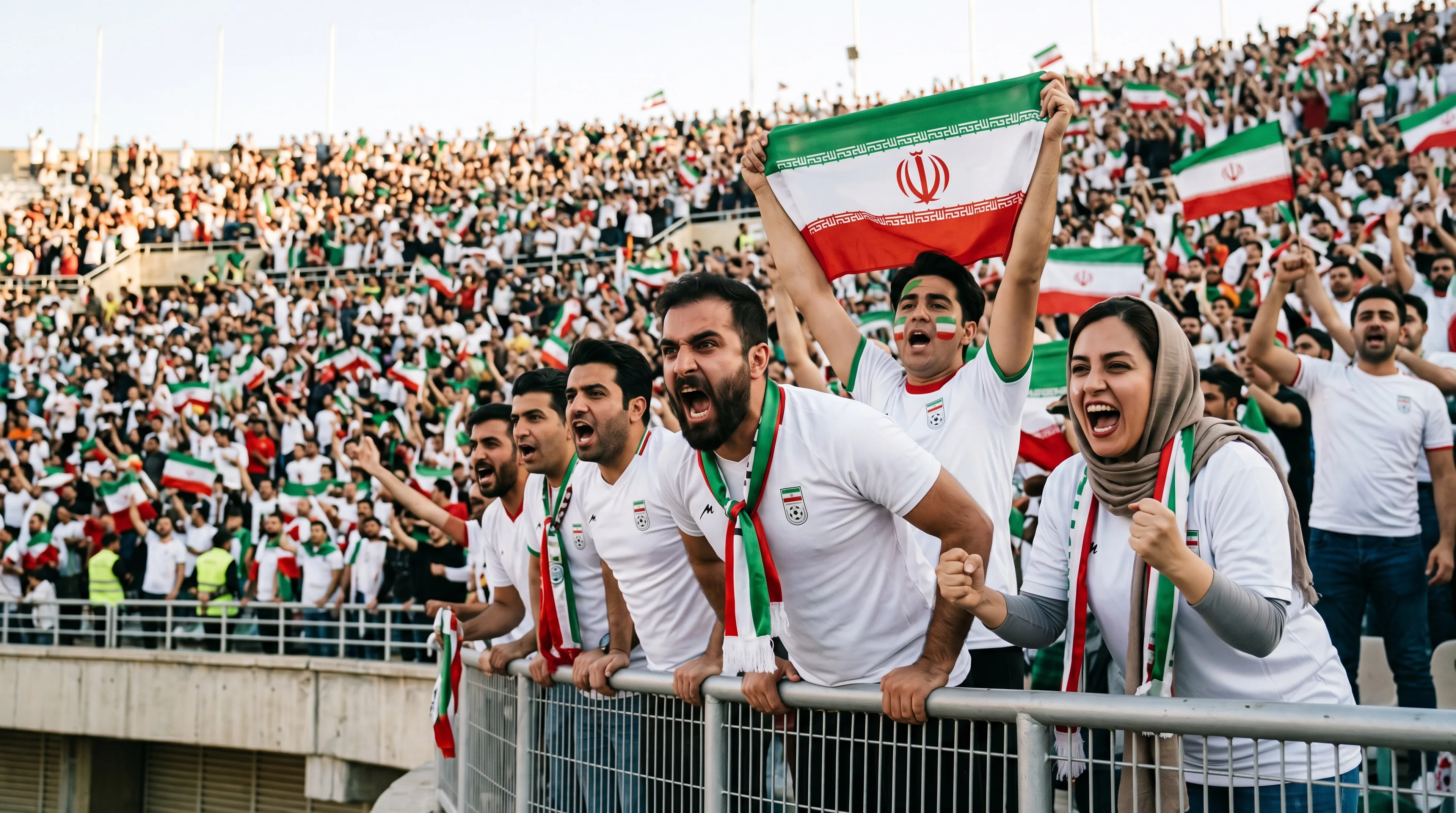 Iran football fans leaning over the railing screaming in celebration with the green-white-red national flag at a packed World Cup stadium.
