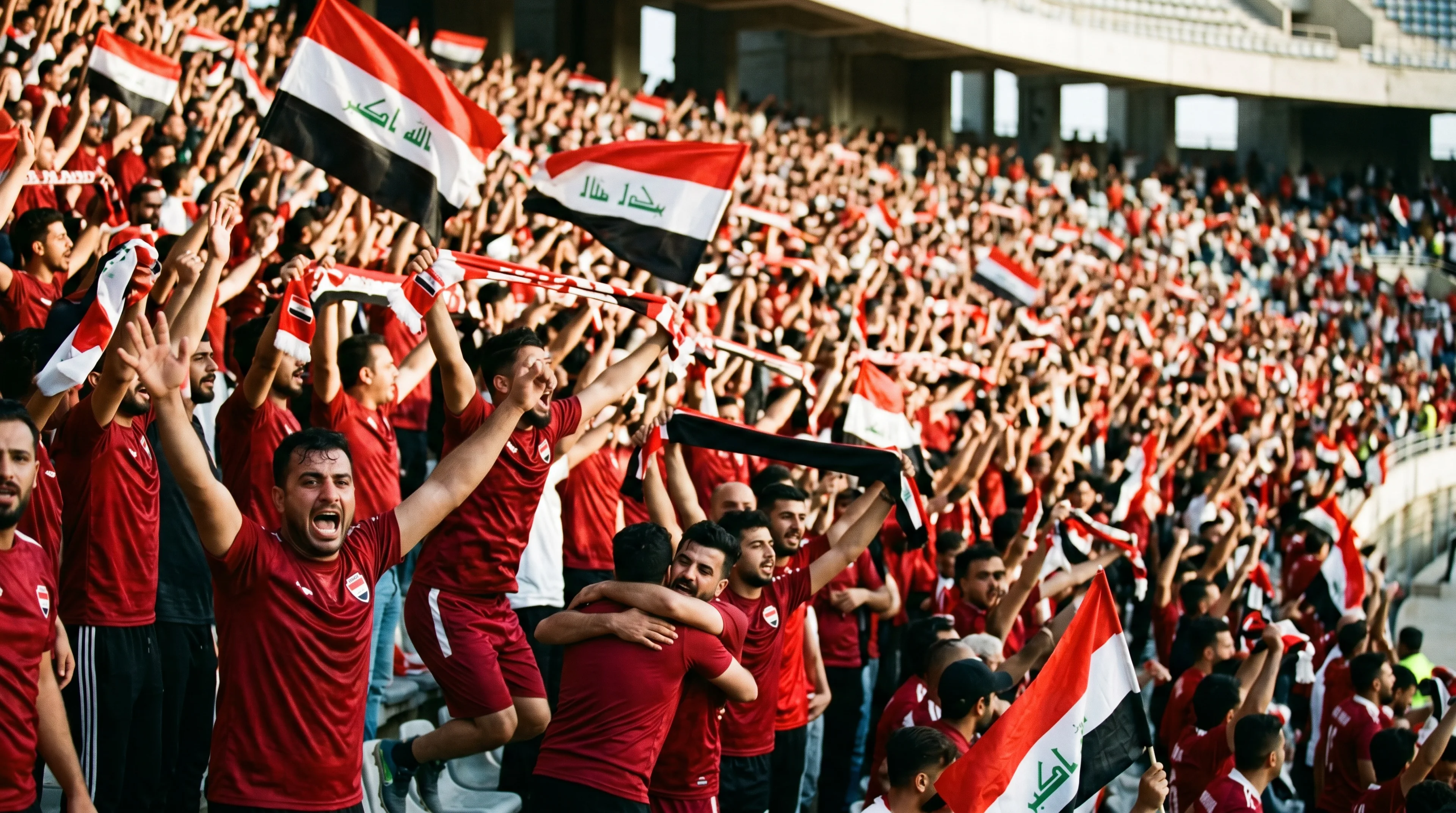 Densely packed crowd of Iraq football fans in red jerseys waving the Iraqi flag in celebration at a World Cup match.