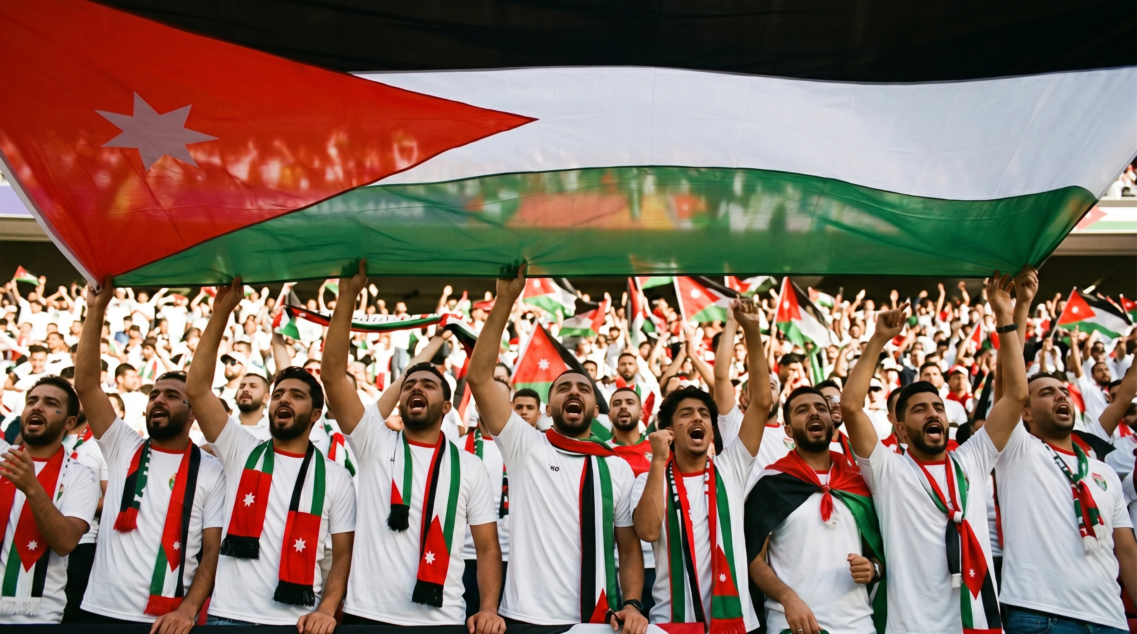 Jordan football fans stretching a massive national flag overhead while celebrating a goal at a packed World Cup stadium.
