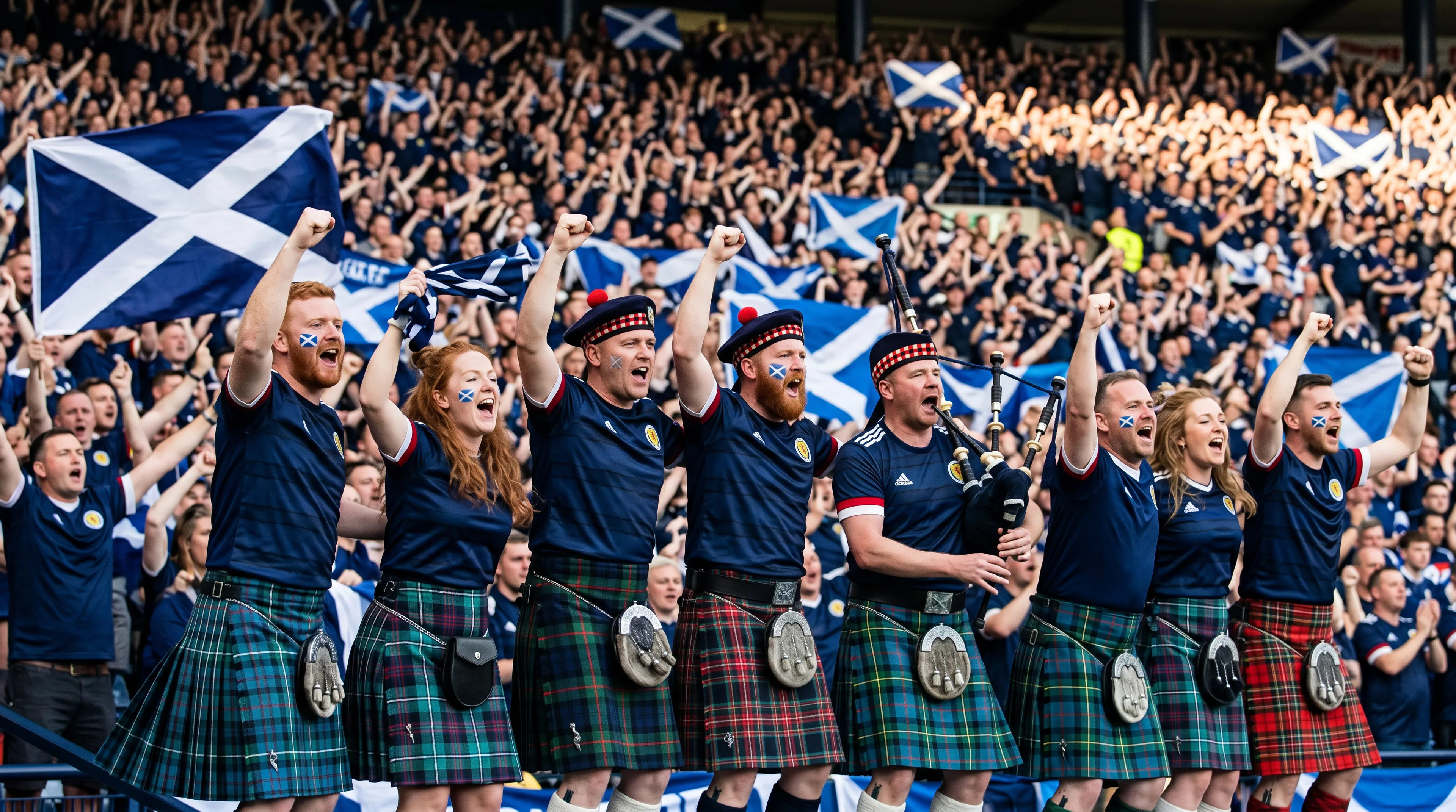 Scotland Tartan Army football fans in kilts playing bagpipes and waving the Saltire flag in celebration at a packed World Cup stadium.