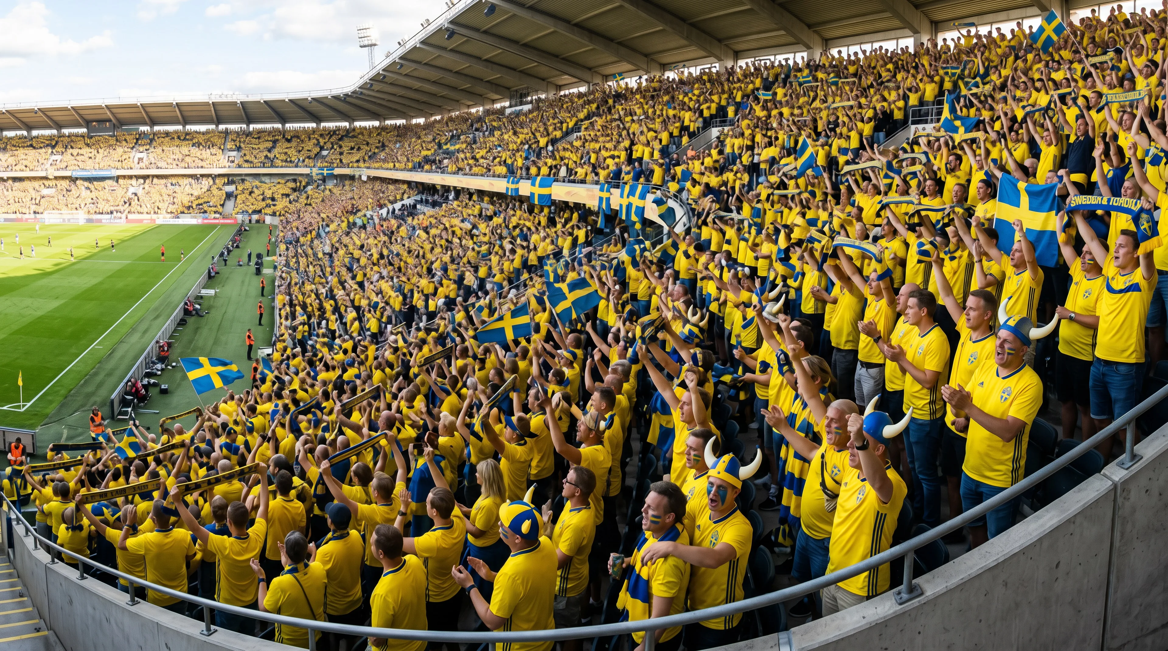 Panoramic view of Sweden football fans filling a stadium in yellow jerseys with viking horn helmets and the blue-and-yellow national flag at a World Cup match.