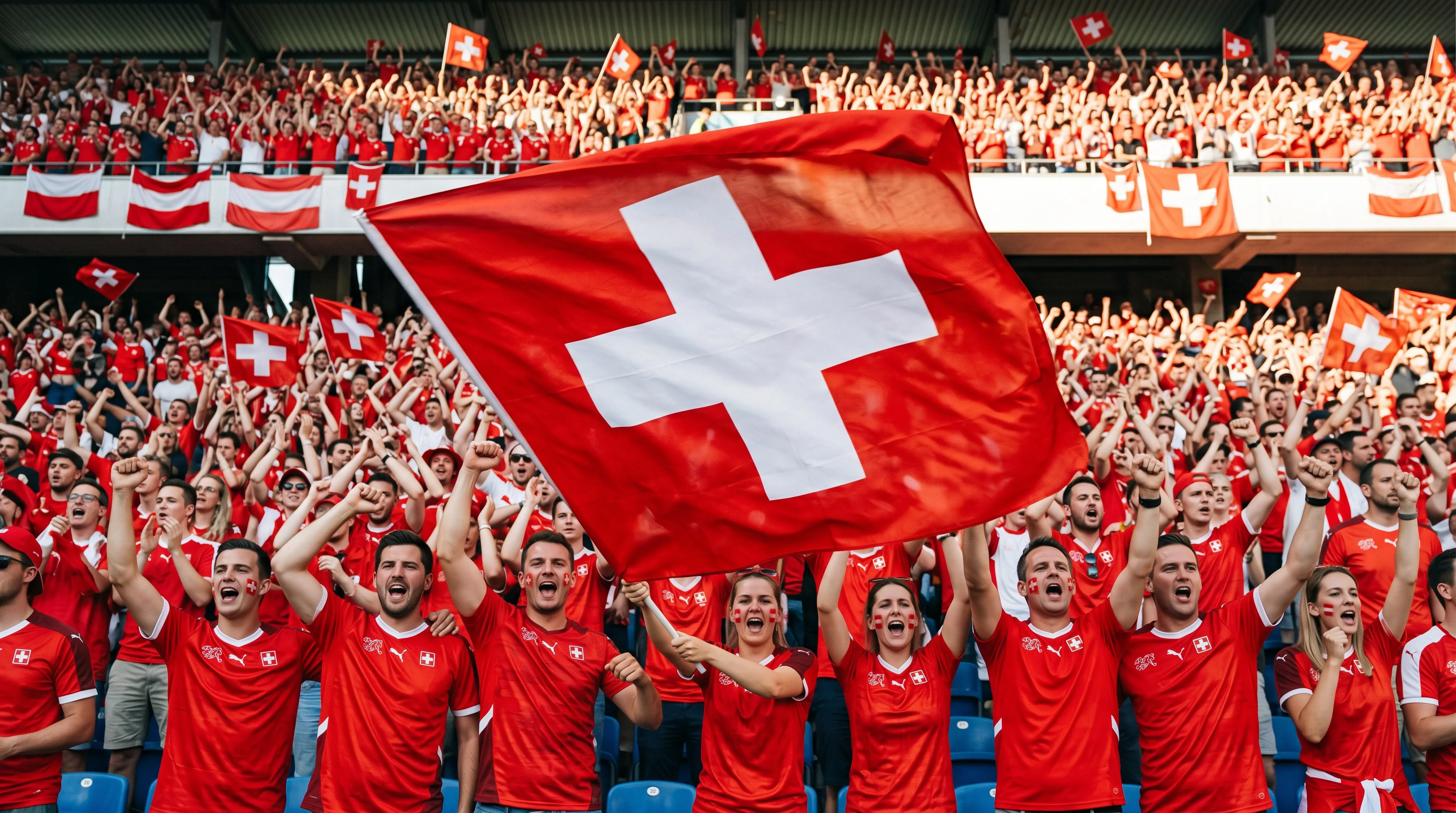 Switzerland football fans waving a giant red Swiss flag with the white cross while celebrating among a packed stadium of red-clad supporters at a World Cup match.