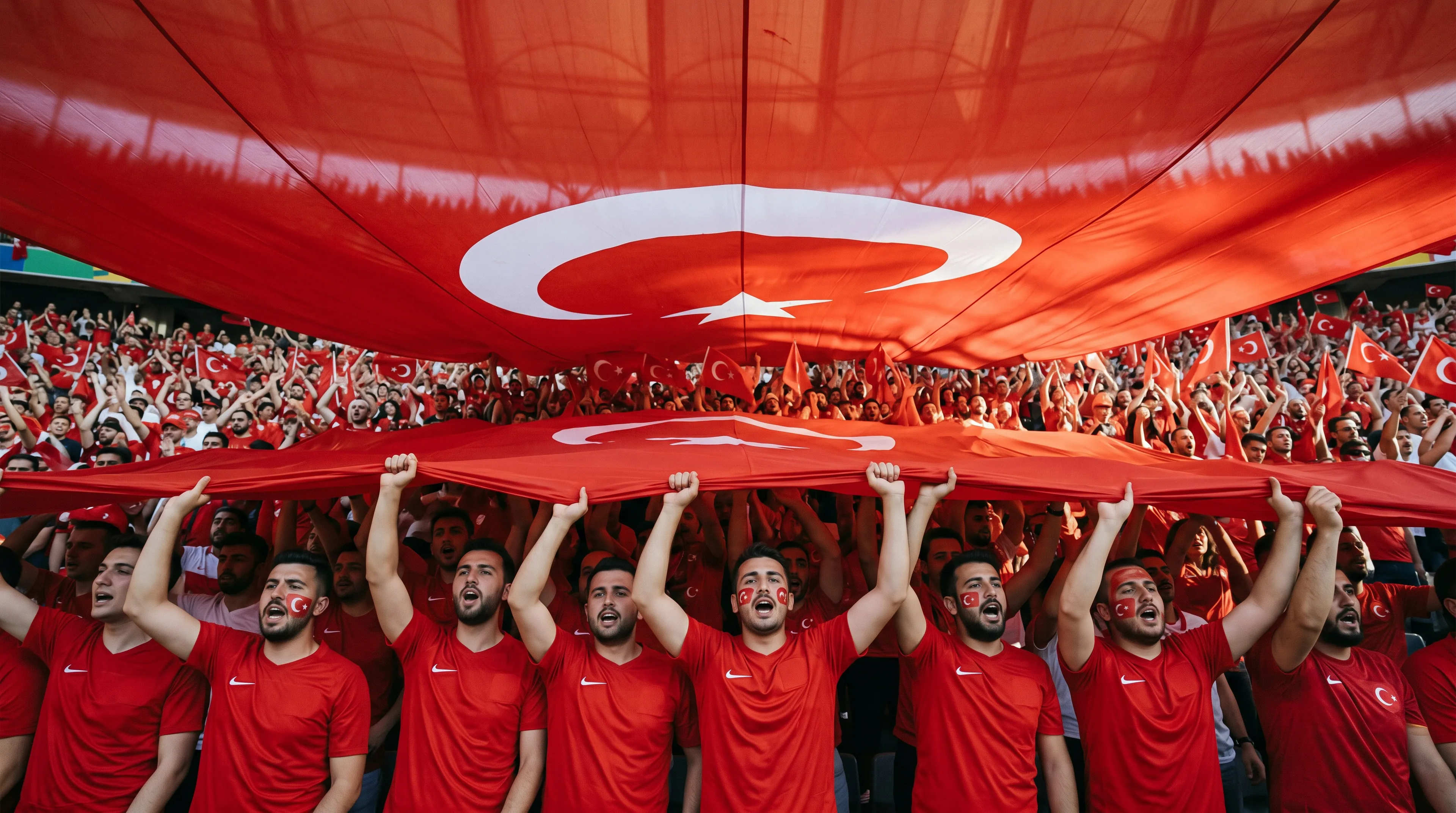 Türkiye football fans holding a massive red Turkish flag with the white crescent and star overhead at a packed World Cup stadium celebration.
