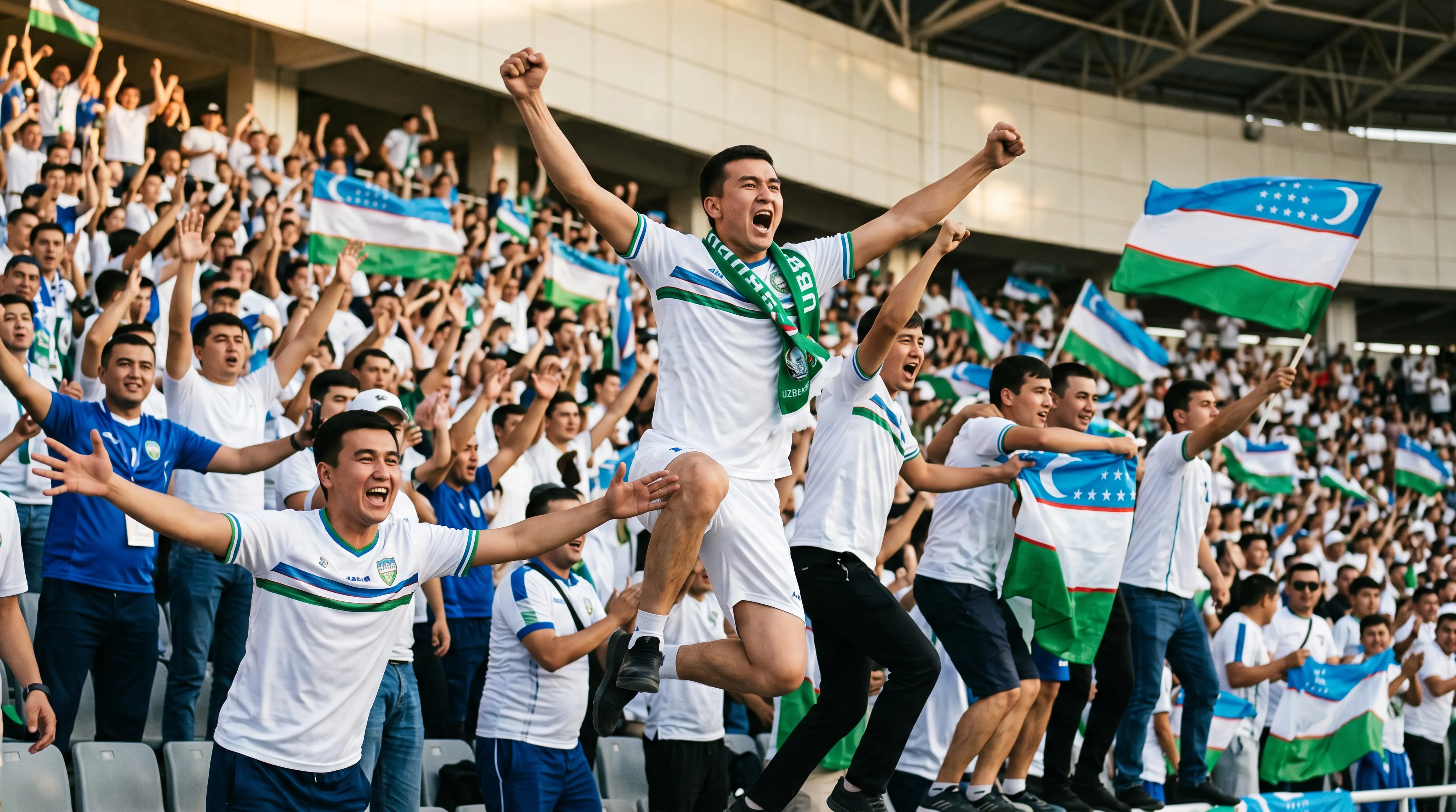 Uzbekistan football fan leaping in mid-air to celebrate with the blue-white-green Uzbek flag among a packed stadium of supporters at a World Cup match.