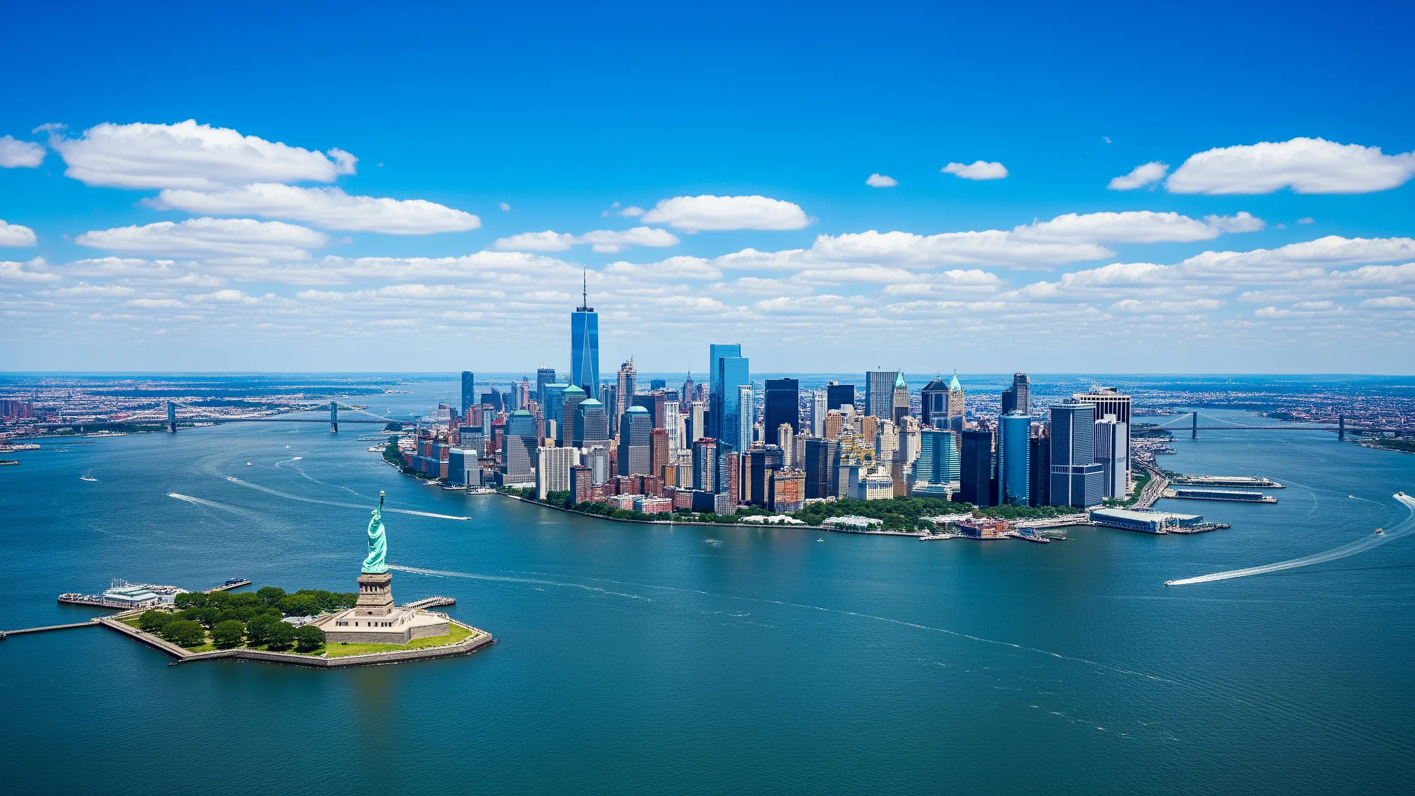Panoramic aerial view of a North American city skyline at golden hour