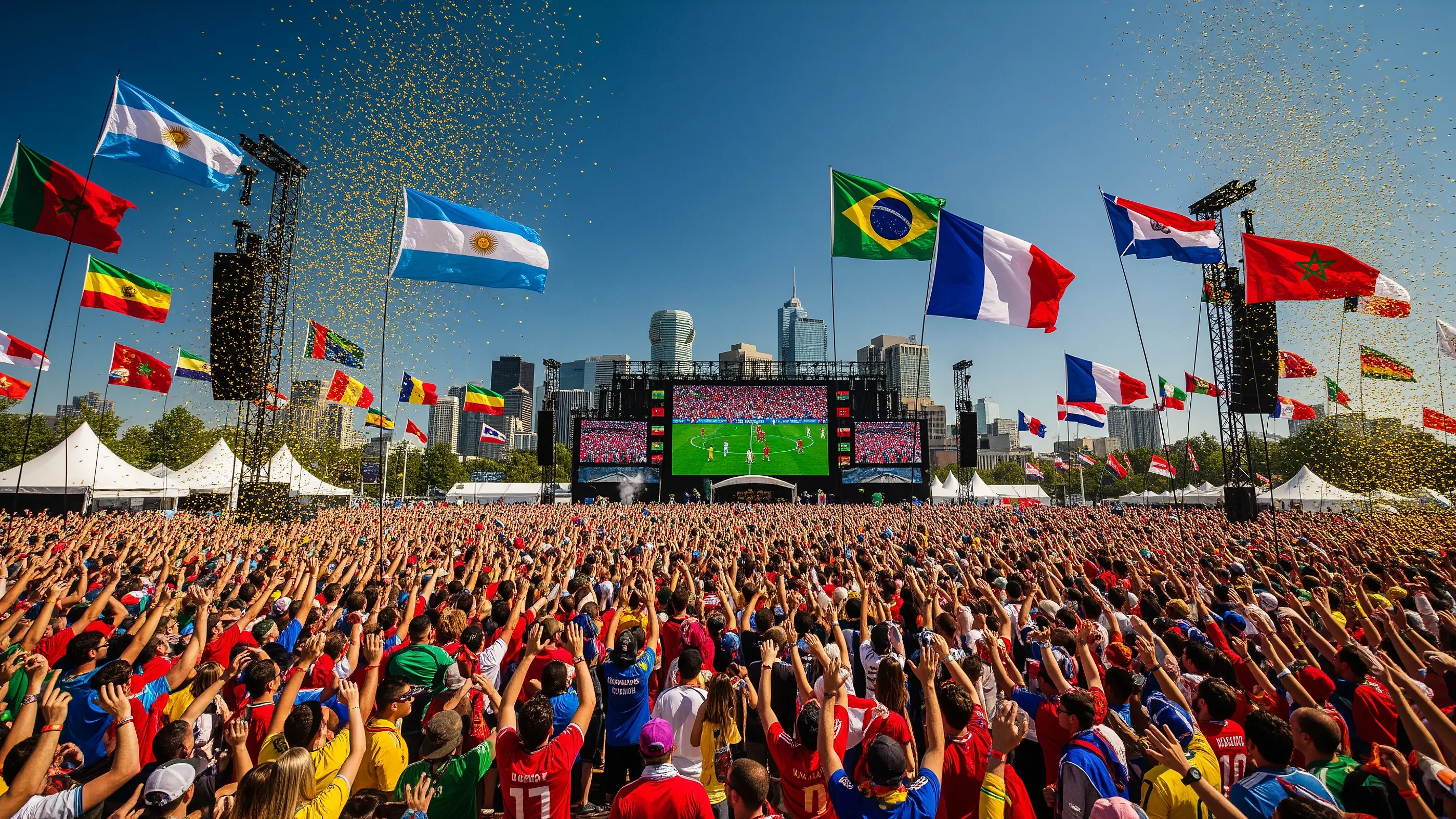 Tens of thousands of football fans at an outdoor fan fest watching a giant screen under floodlights with flags from every nation