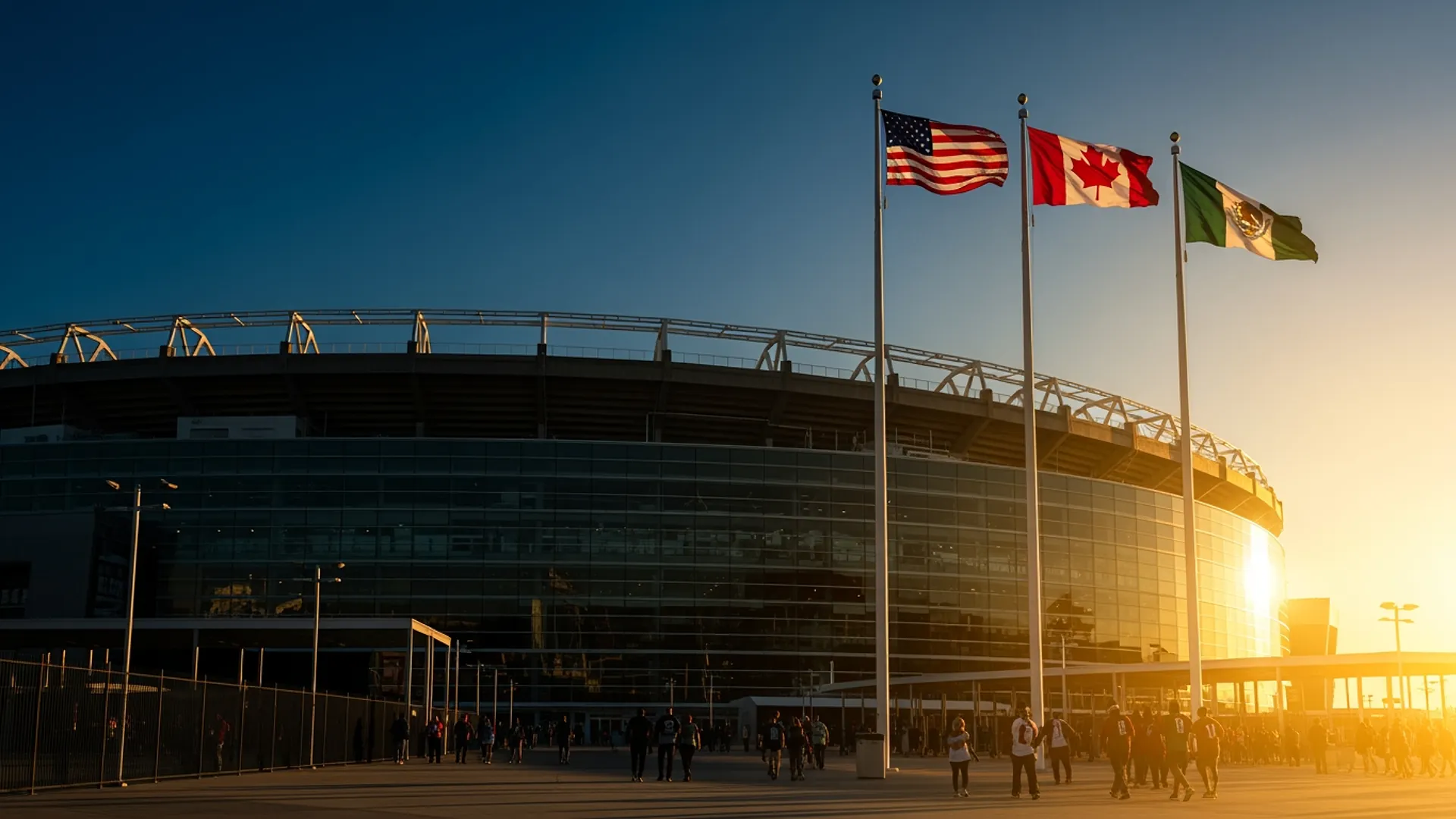 USA, Canada, and Mexico flags flying outside a modern soccer stadium at sunset.