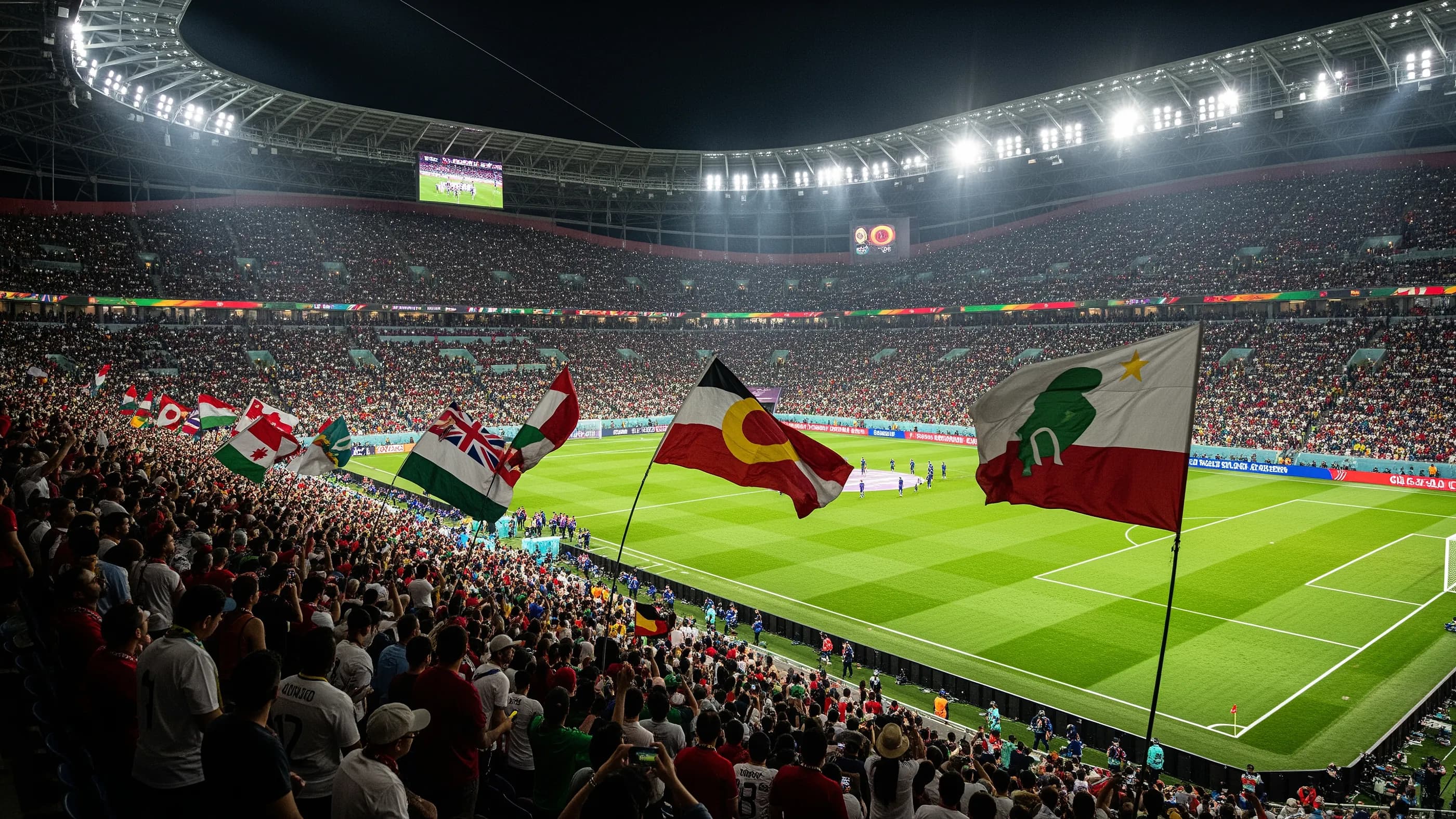 Packed World Cup stadium with fans and floodlights