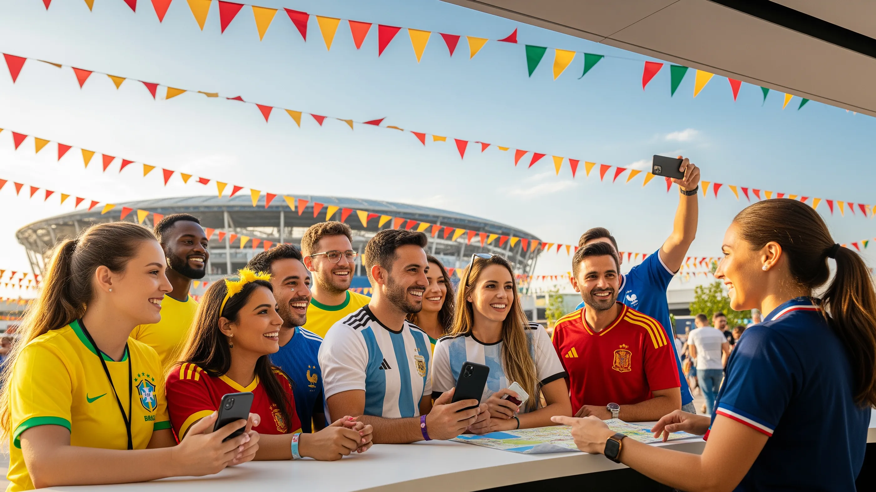 Football fans using smartphones at a stadium