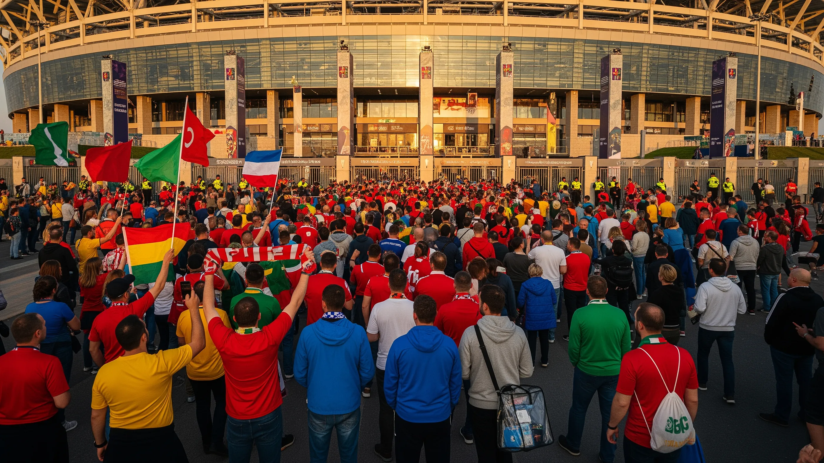 Thousands of football fans streaming toward a modern World Cup stadium at golden hour