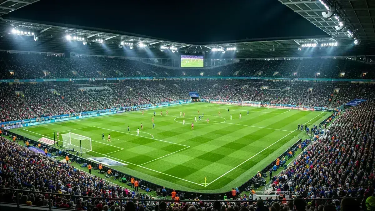 Football match atmosphere with fans and floodlights