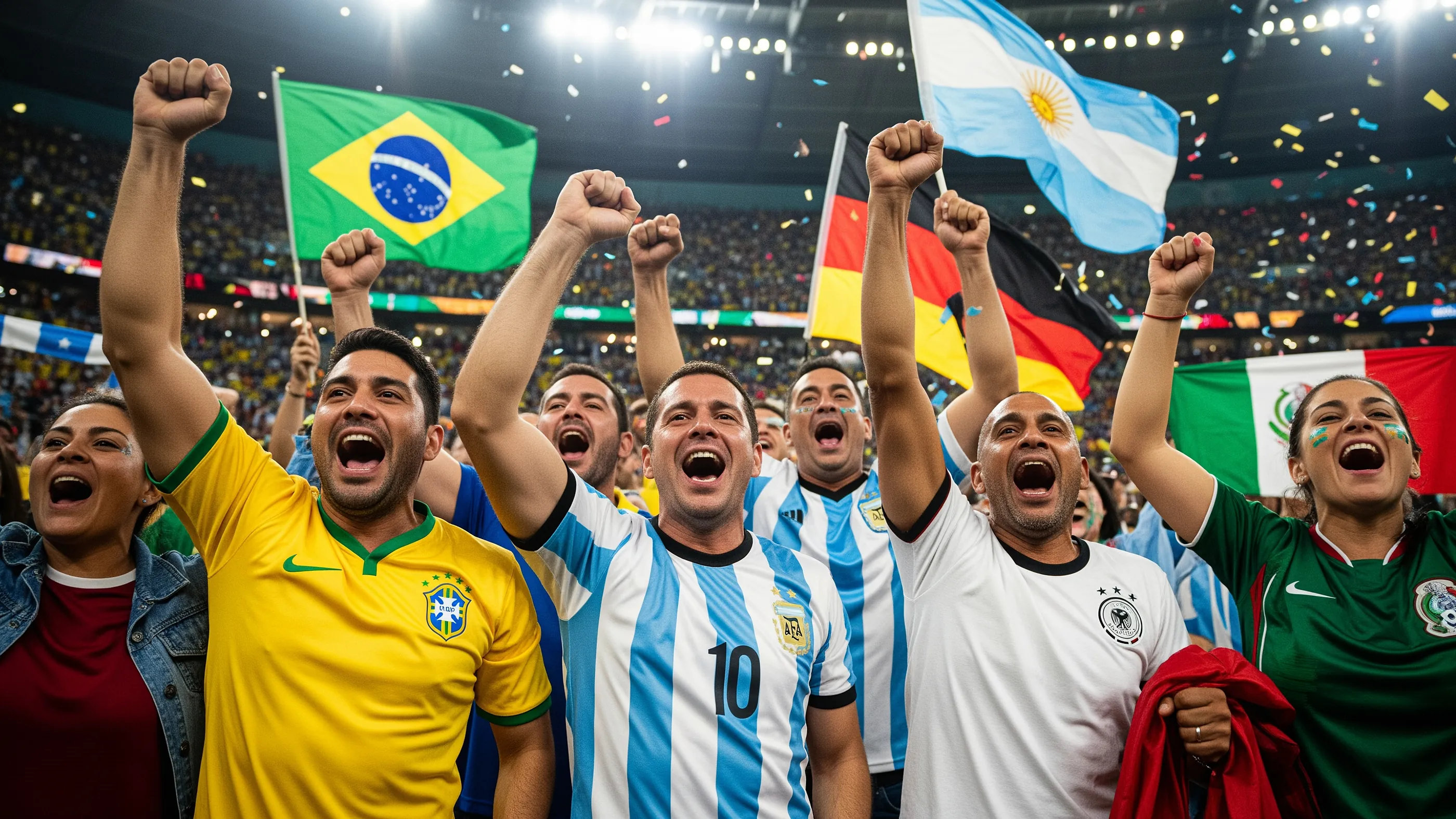 Ecstatic football fans celebrating a goal in a packed World Cup stadium