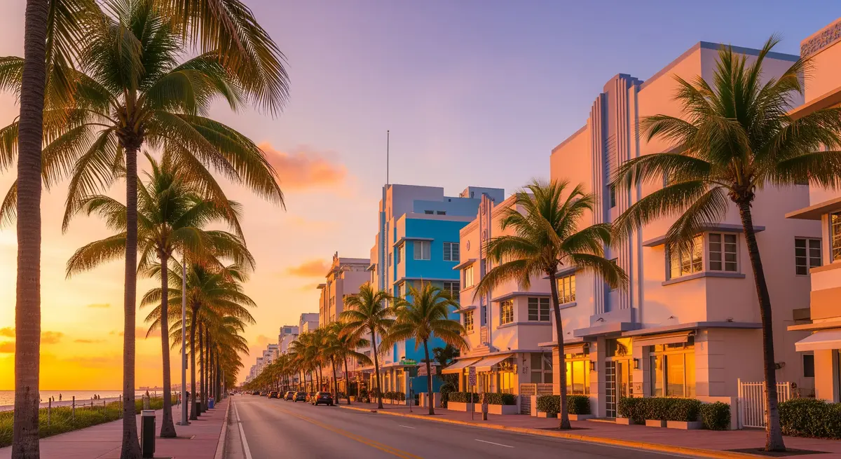 Miami Beach skyline and ocean at sunset, Florida, USA