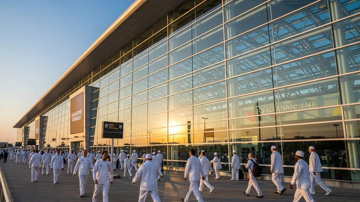 Busy international airport terminal with travelers, bright glass facade and departure boards