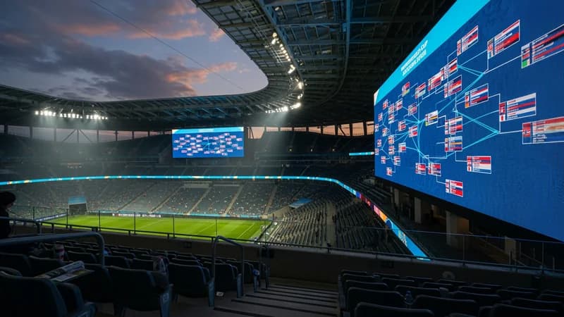 A wall calendar grid showing tournament fixtures spread across a 39-day window with team flags