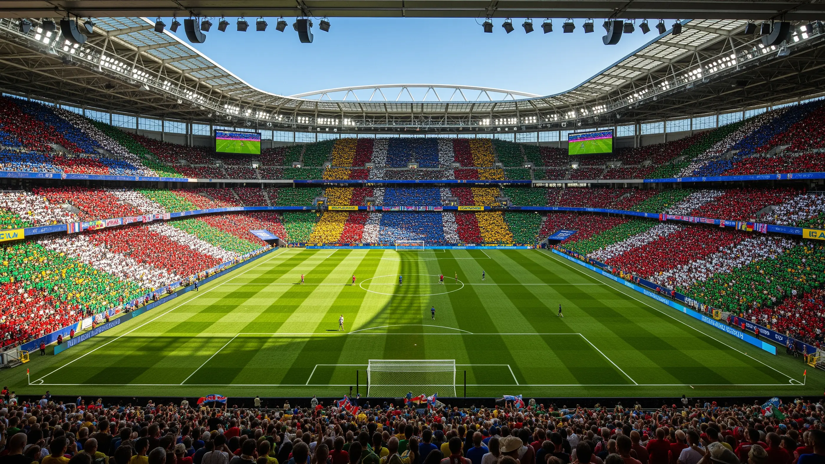Packed football stadium with fans cheering during a World Cup match