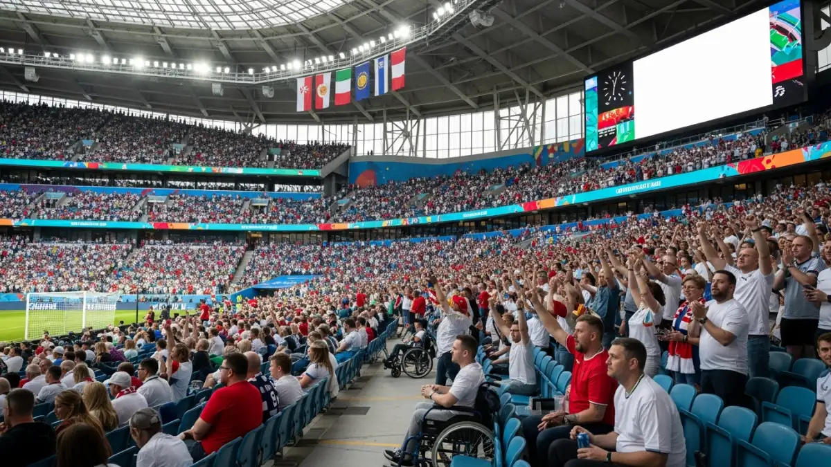 Wheelchair user enjoying a live sports event at a modern stadium
