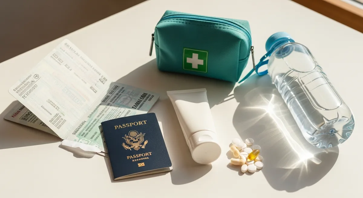 Travel health preparation with passport, first aid kit, water bottle and sunscreen