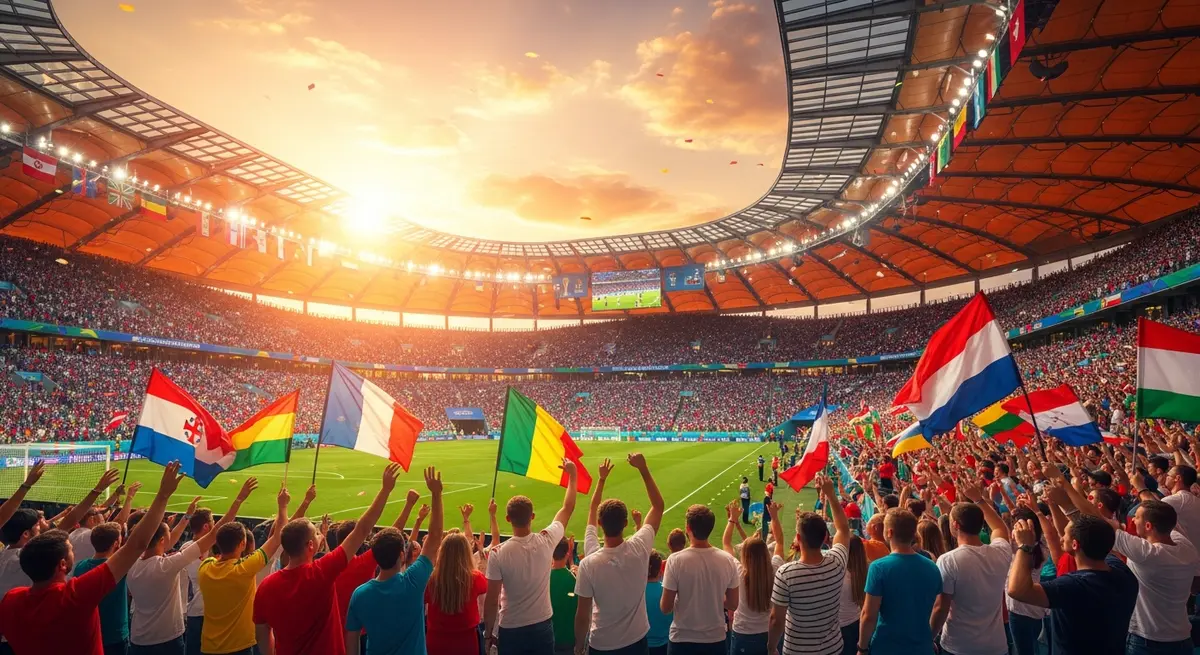 Packed football stadium at golden hour with diverse international fans cheering