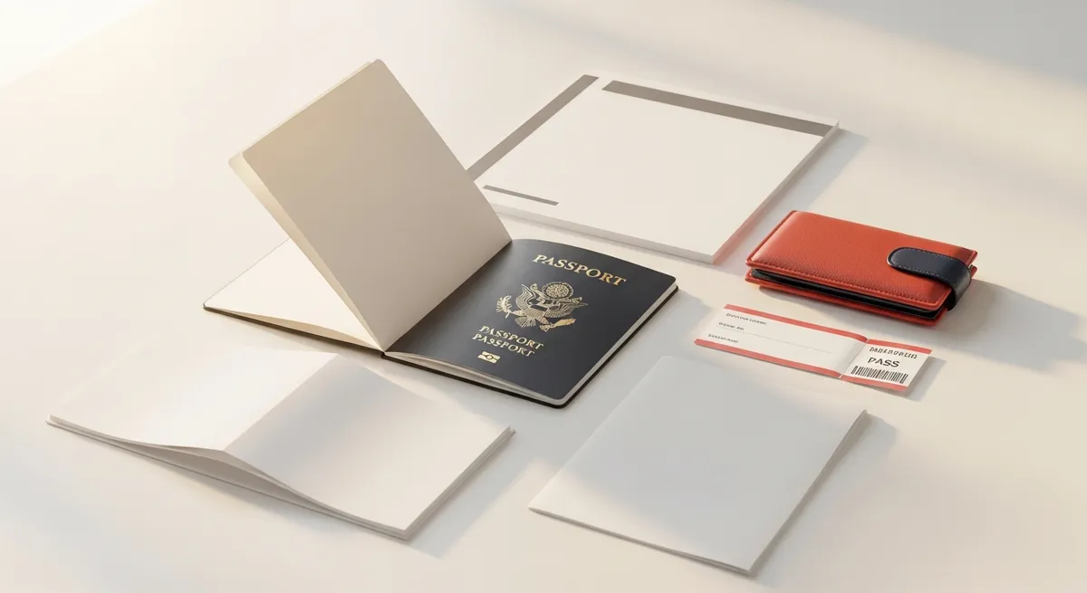 Travel insurance documents flat lay with passport, boarding pass and travel wallet