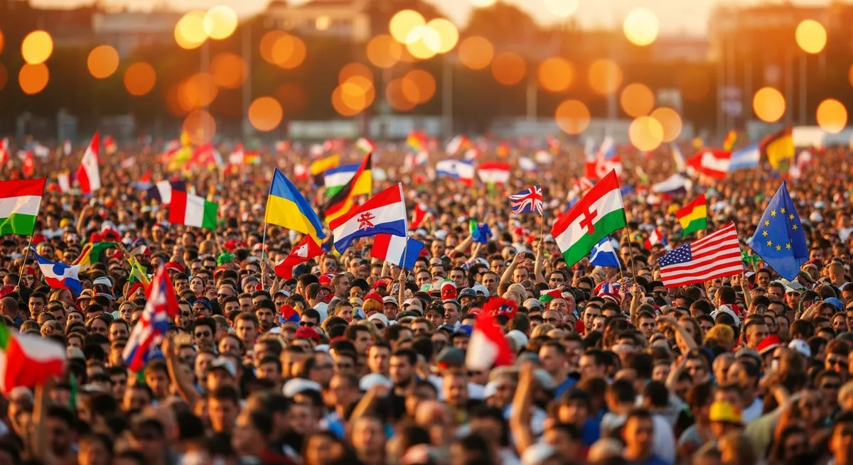 Packed fan festival zone with colourful flags and cheering crowds at World Cup 2026
