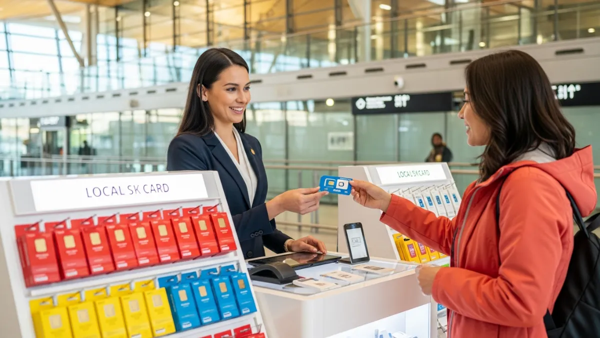 Traveller at airport terminal using smartphone to stay connected