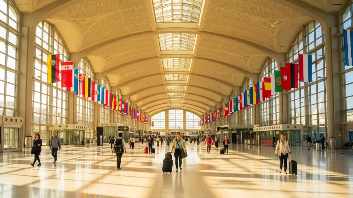Bright international airport departure terminal with natural sunlight, colourful flags and diverse travellers