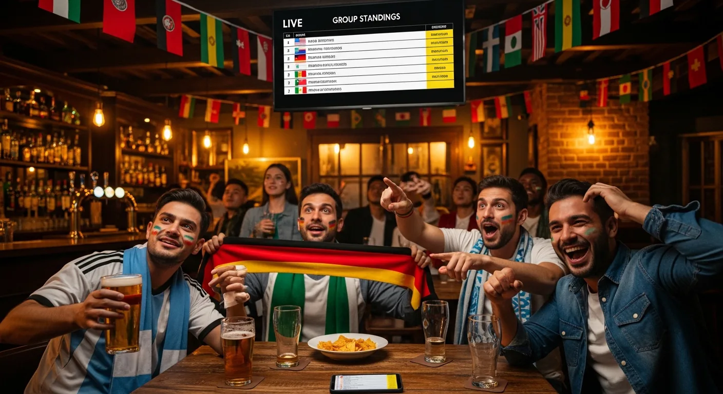 Excited soccer fans cheering and drinking beer in a sports bar while watching group standings on TV.