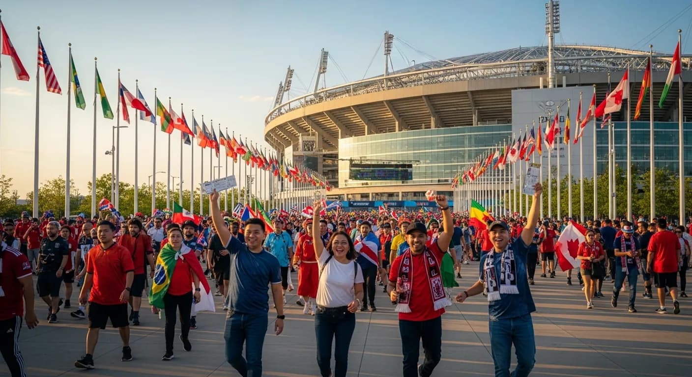 Diverse crowd of international soccer fans with flags arriving at a large stadium for a match.