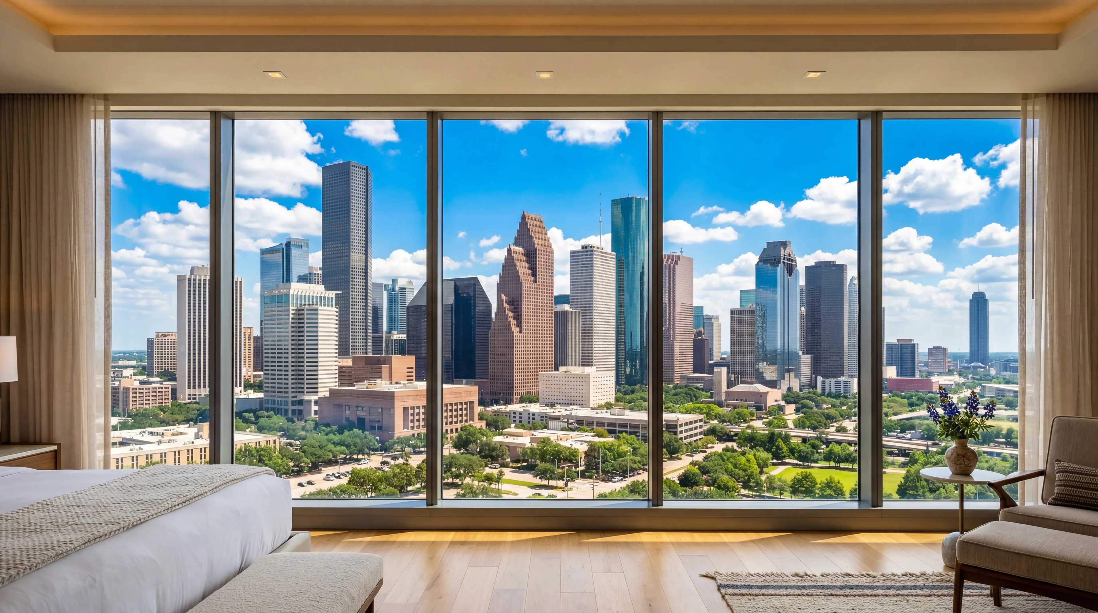 Houston skyline with NRG Stadium and the Texas Medical Center area