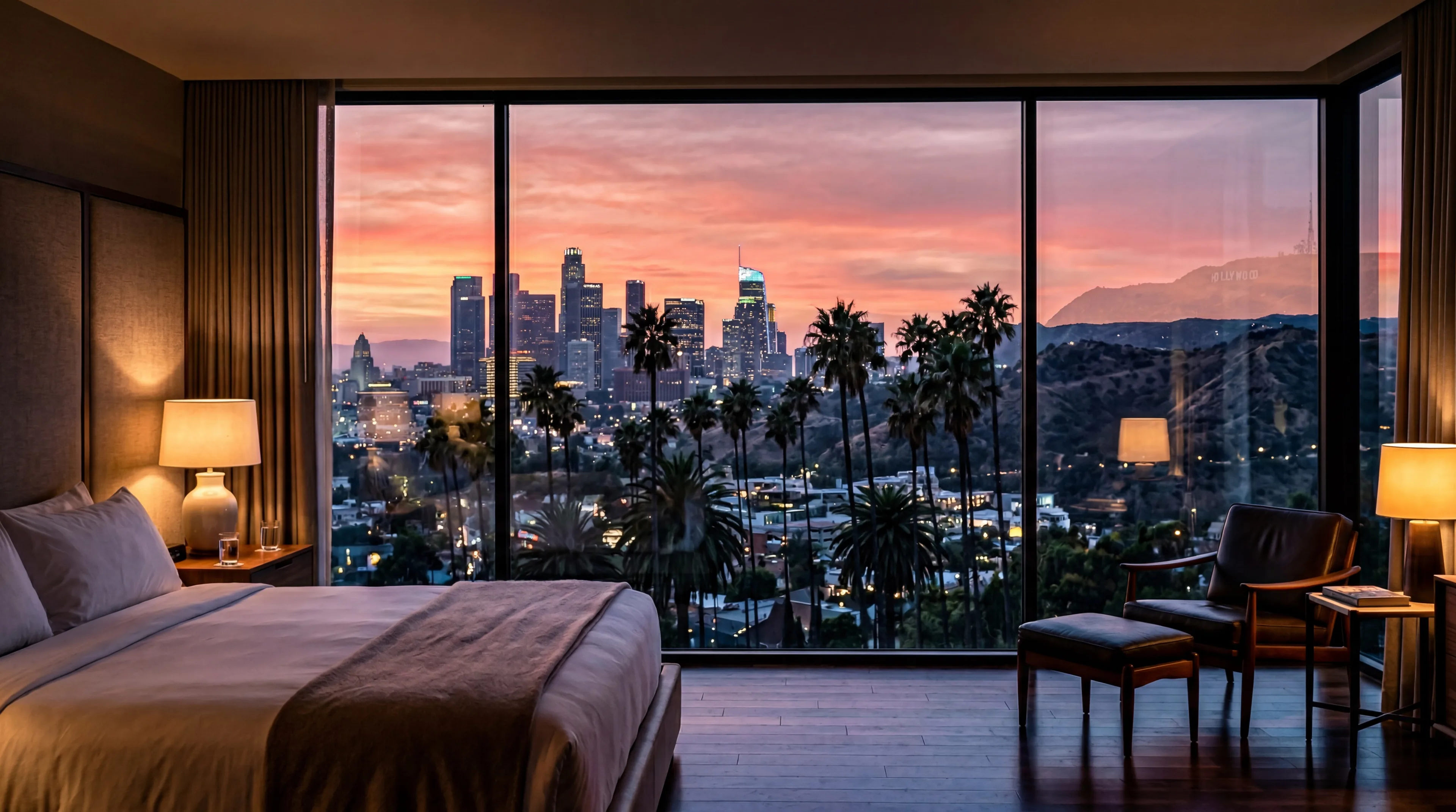 Los Angeles skyline with SoFi Stadium in Inglewood at sunset