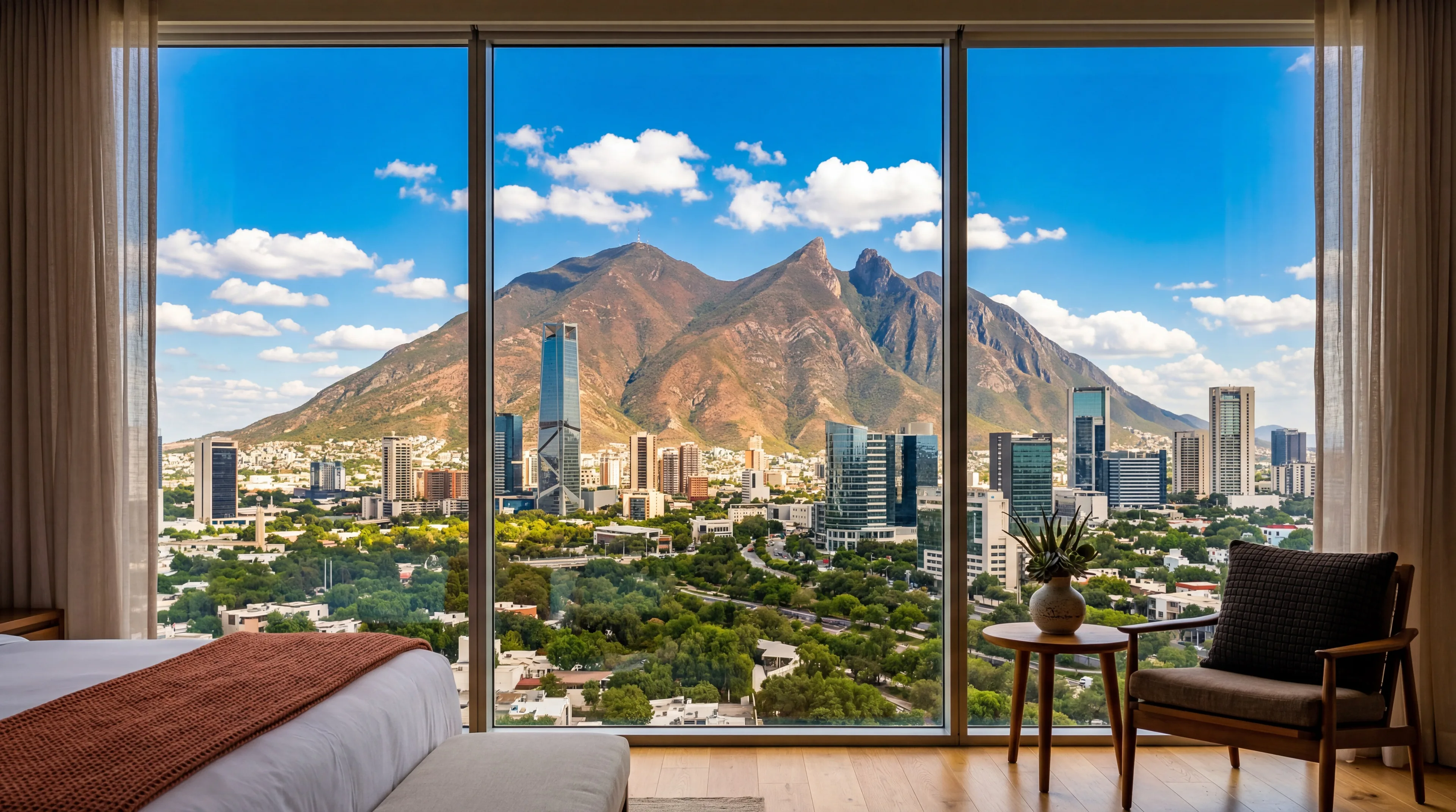 Monterrey skyline with Estadio BBVA and Cerro de la Silla mountain