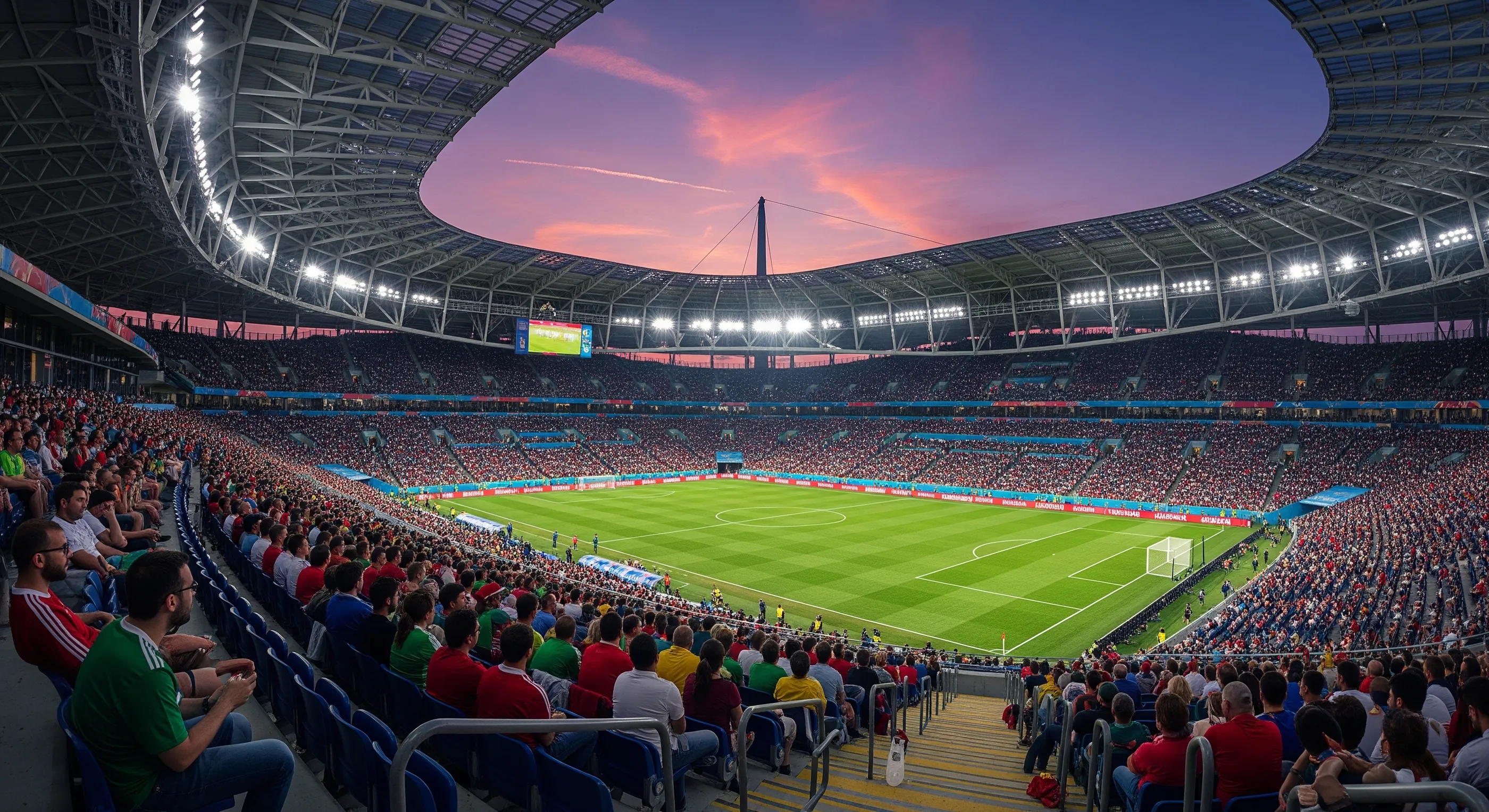 Packed soccer stadium interior at night with fans waving flags under bright floodlights.