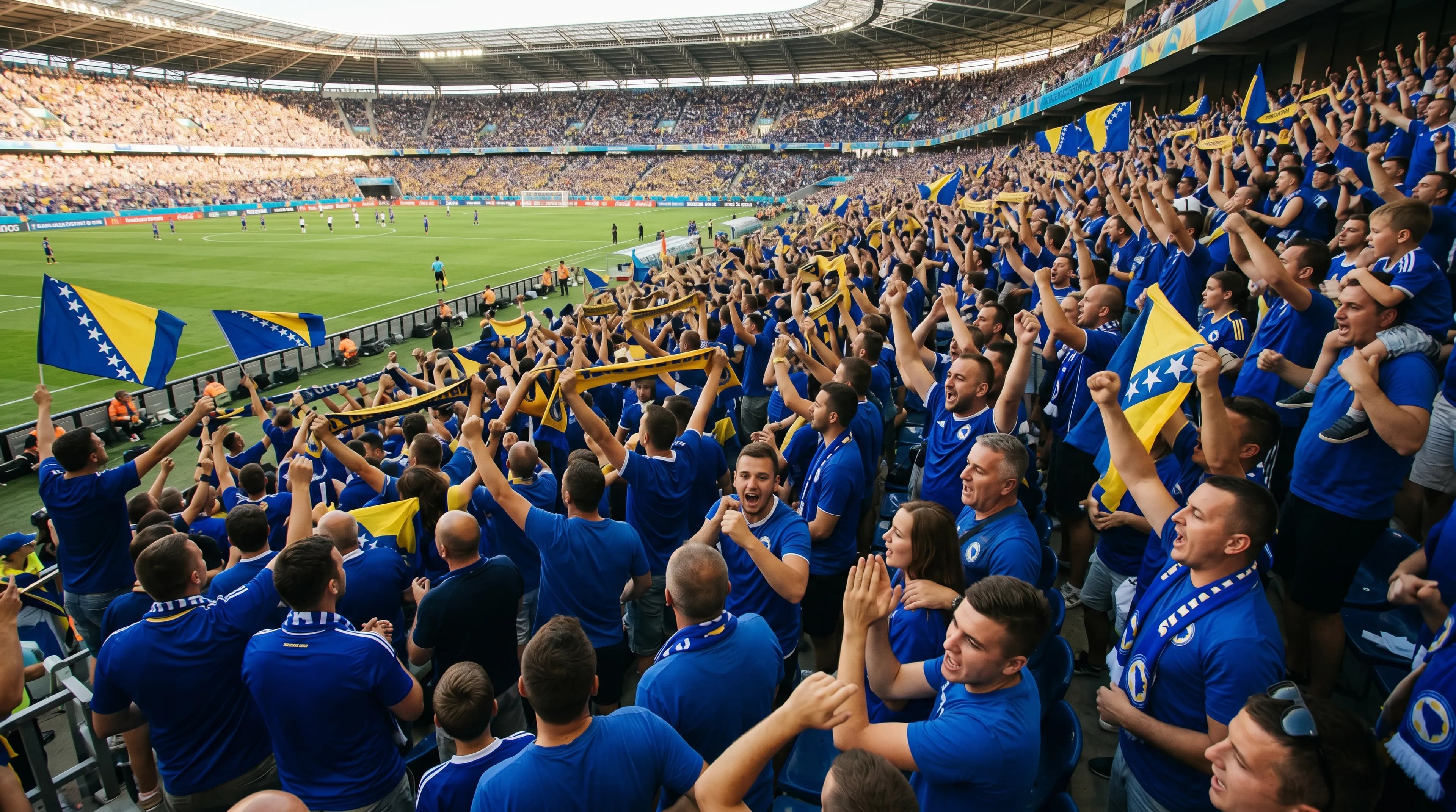 Sea of Bosnia and Herzegovina football fans celebrating ecstatically in a packed World Cup stadium, waving the national blue-and-yellow flag and yellow scarves with the pitch visible beyond.
