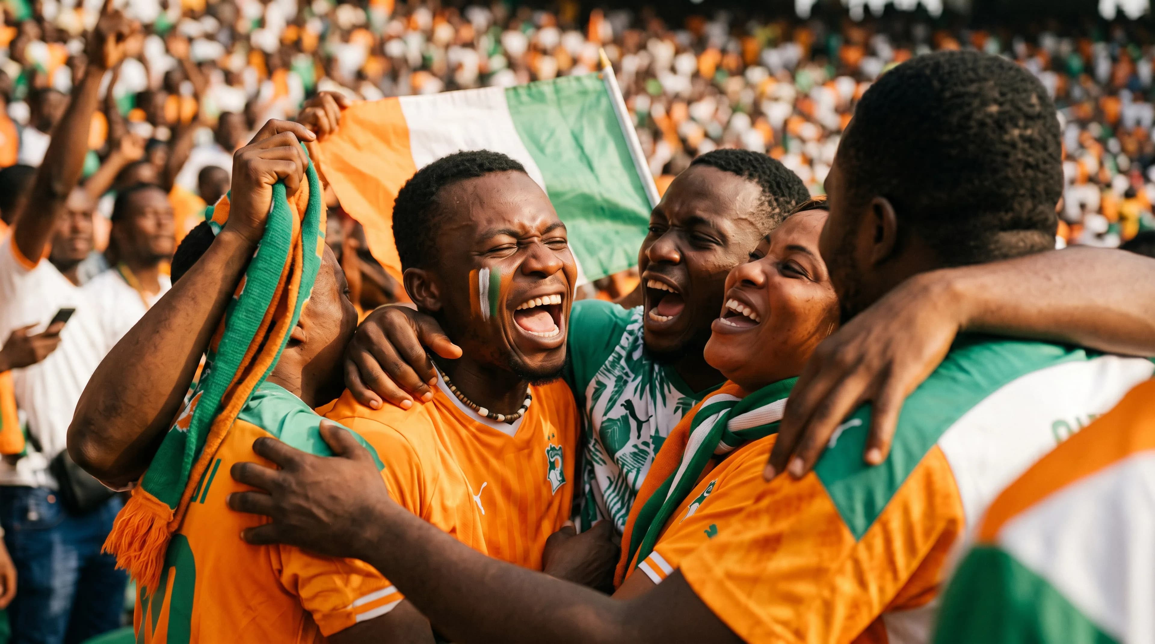Group of Cรดte d'Ivoire football fans embracing in joy with orange jerseys and the national flag, celebrating a goal at a packed World Cup stadium.
