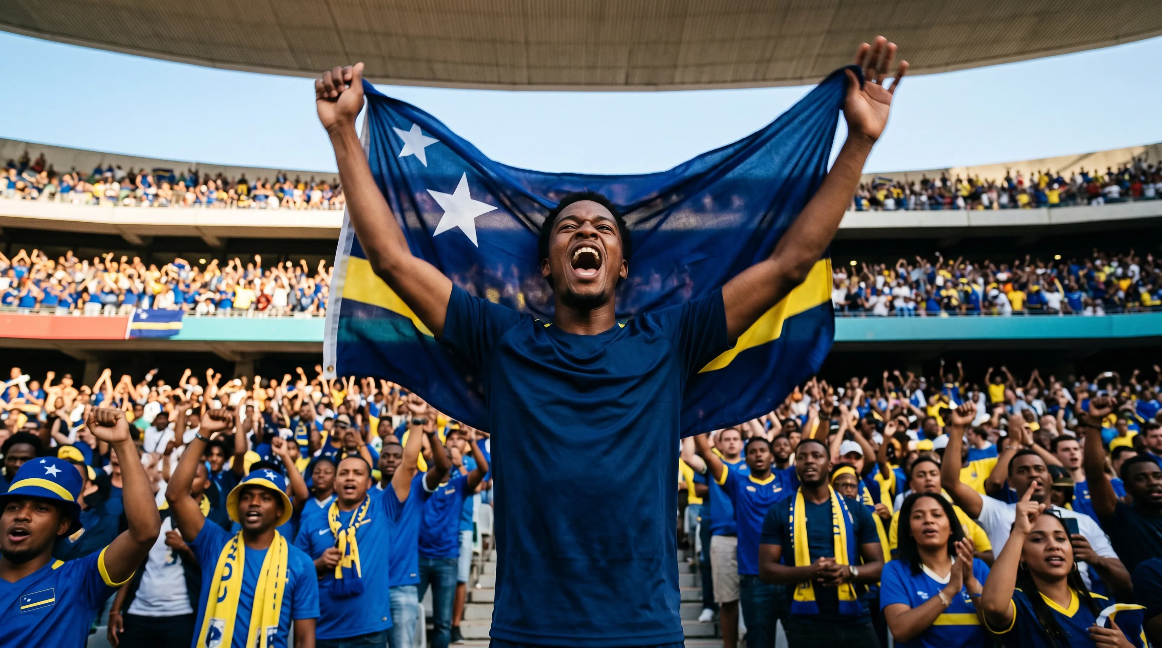 Curaรงao football fan holding the national flag overhead with arms raised, surrounded by a packed stadium of blue-and-yellow supporters celebrating a World Cup goal.