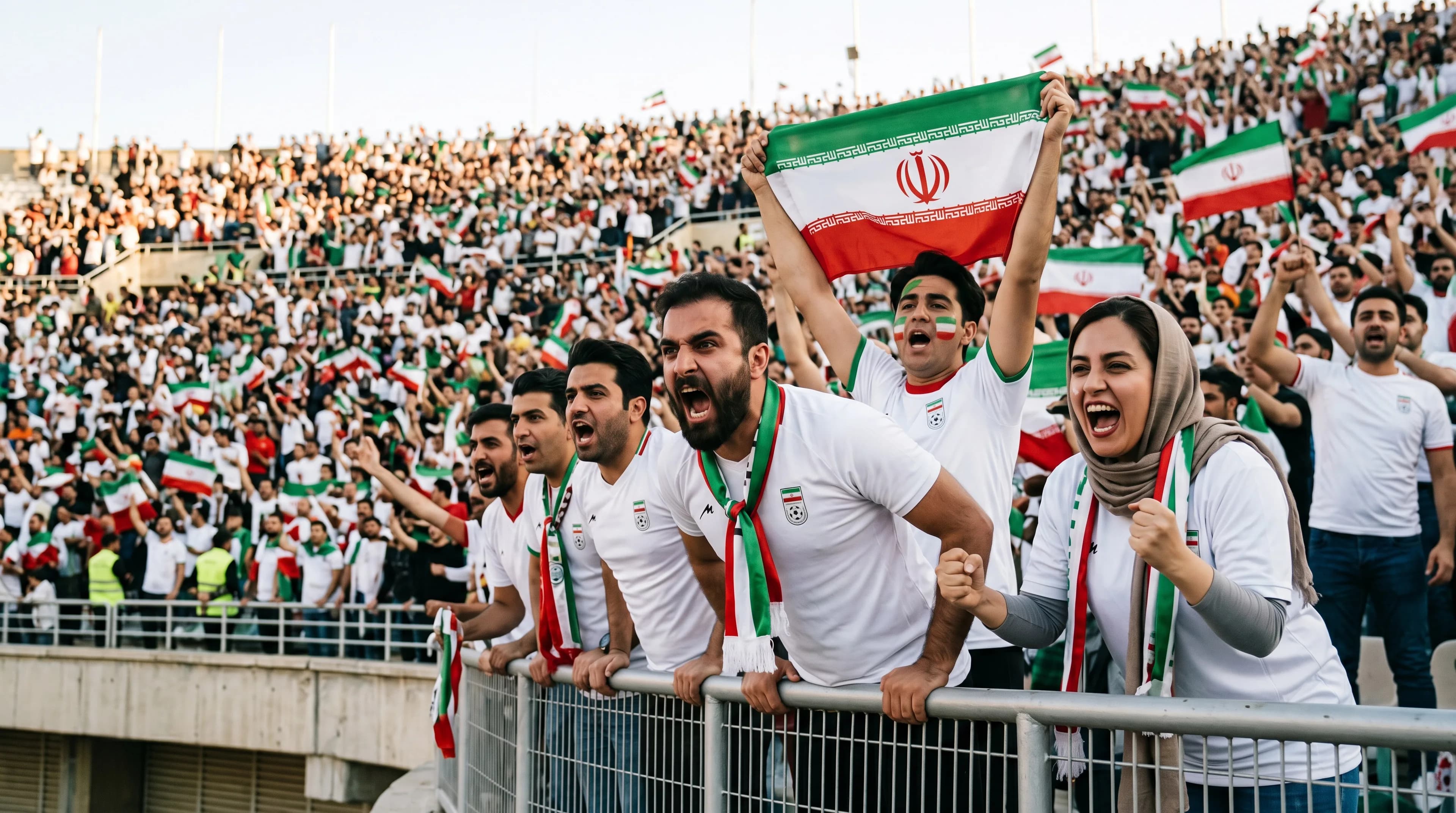 Iran football fans leaning over the railing screaming in celebration with the green-white-red national flag at a packed World Cup stadium.