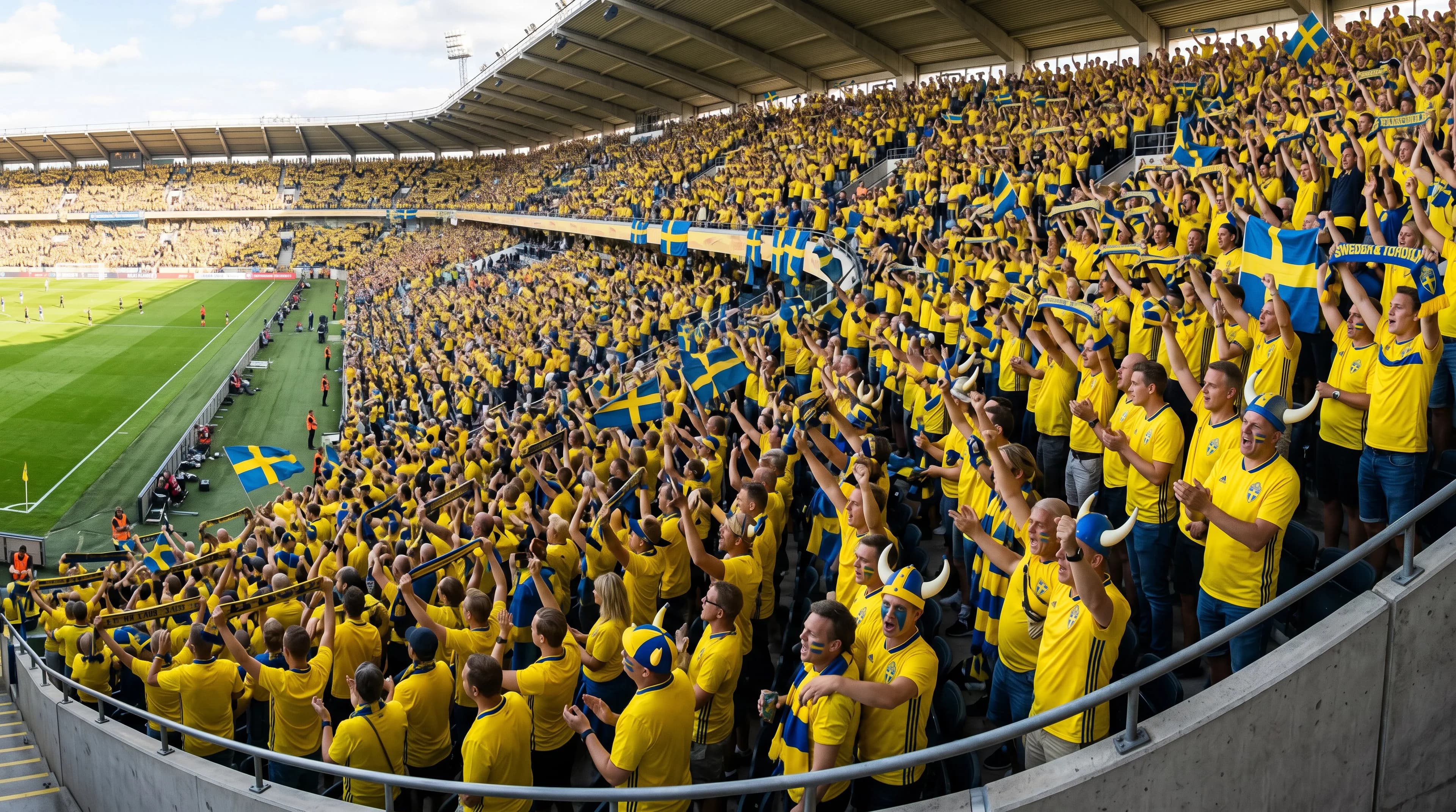 Panoramic view of Sweden football fans filling a stadium in yellow jerseys with viking horn helmets and the blue-and-yellow national flag at a World Cup match.