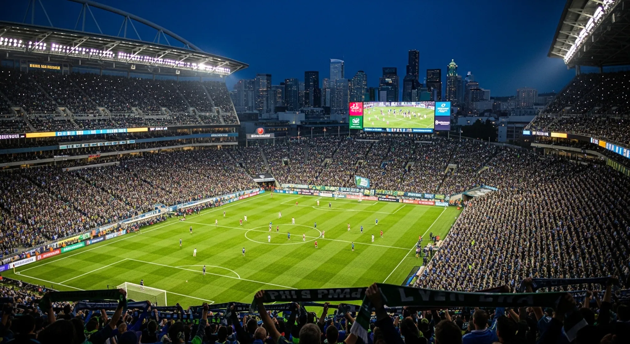 Seattle Stadium View of the soccer pitch and grandstand at Seattle Stadium, a host venue for the 2026 World Cup.